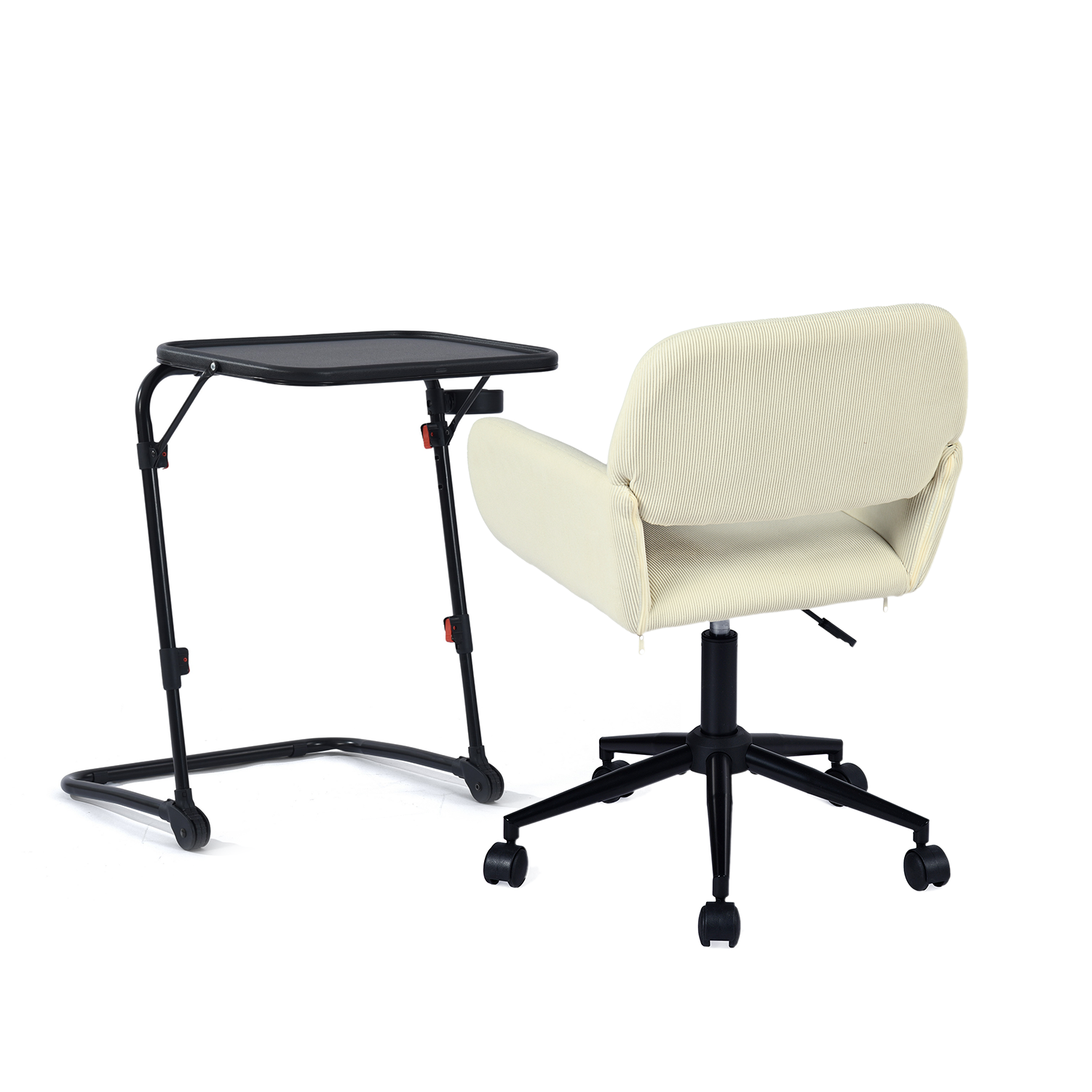 Ensemble avec table d’appoint noire pliable et fauteuil de bureau en velours côtelé beige âââââââ€?BASELINE & ROSS