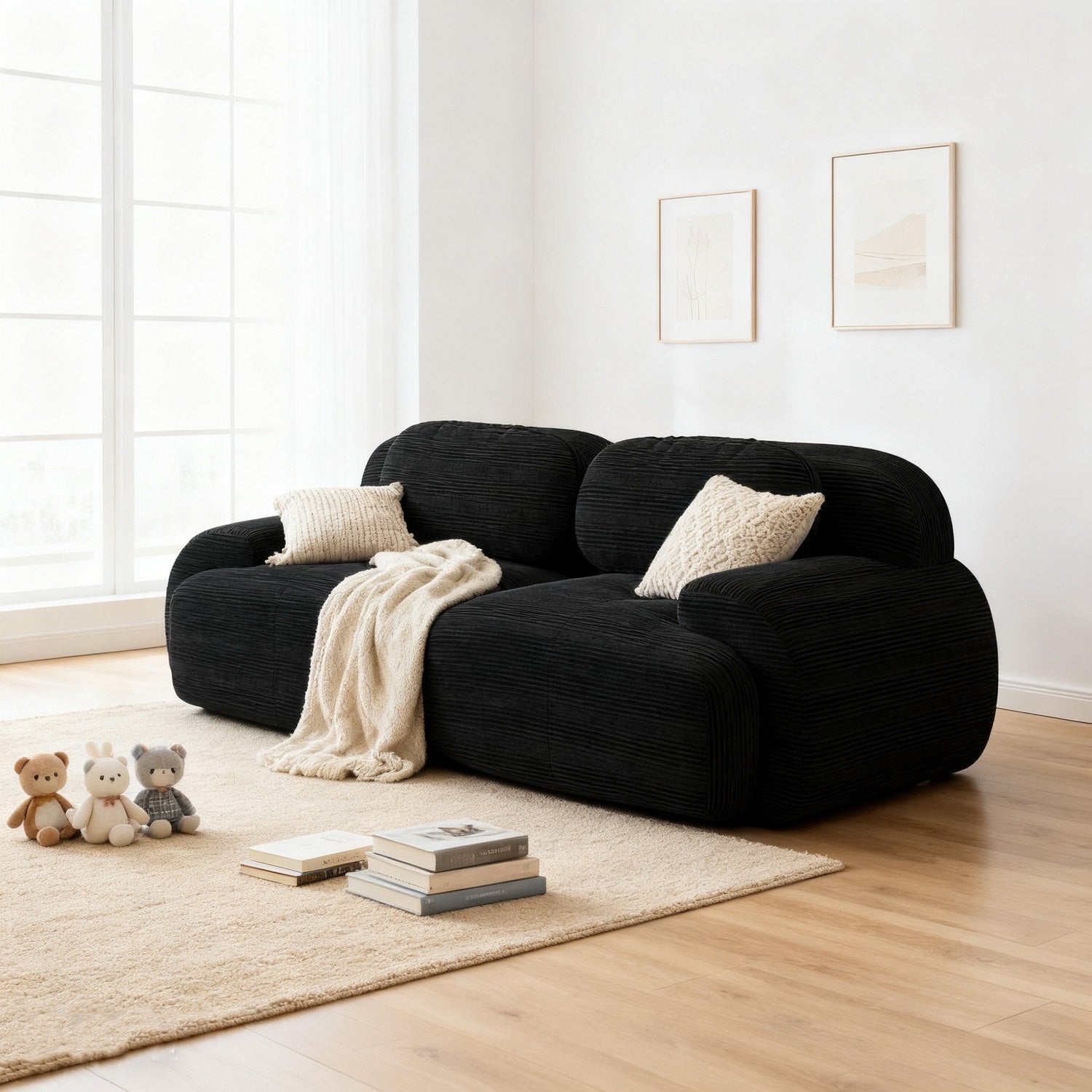 2-Sitzer-Schlafsofa aus dunkelgrauem Stoff mit Seitentaschen, modernes Schlafsofa