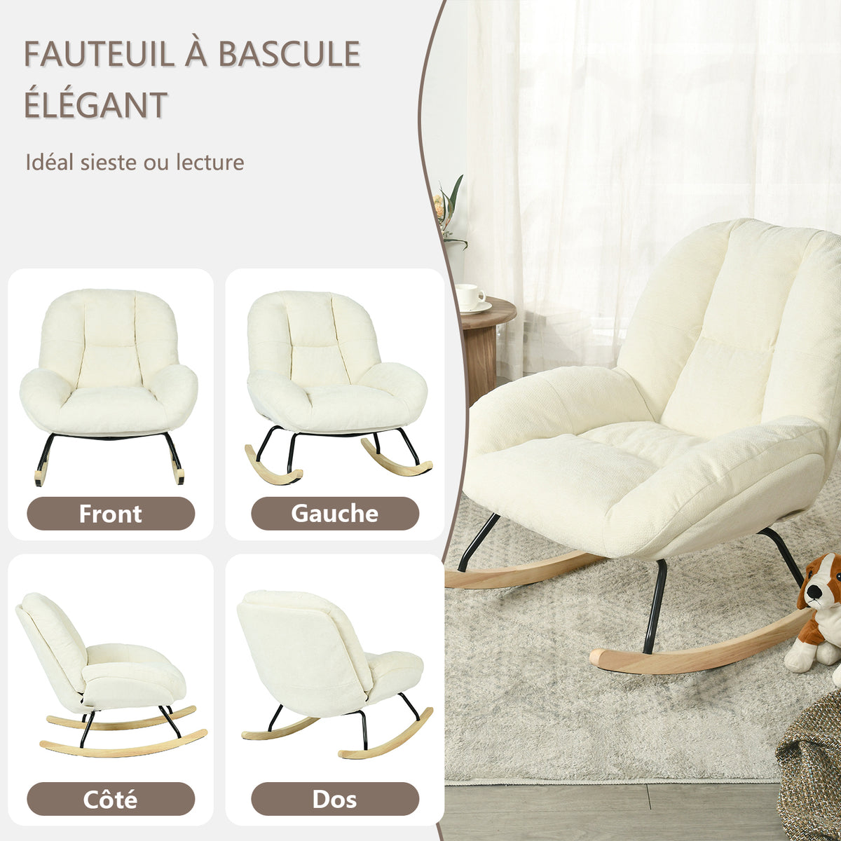 Lot de 2 fauteuil à bascule scandinave en tissu chenille avec accoudoirs pour salon ou chambre à coucher, beige - LITHOPS