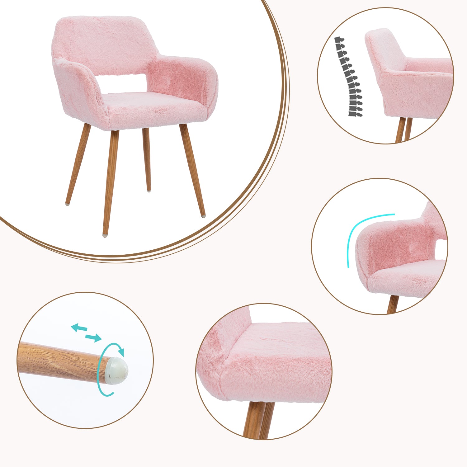 Chaise de salle à manger de style scandinave en fausse fourrure rose avec pieds en métal effet bois