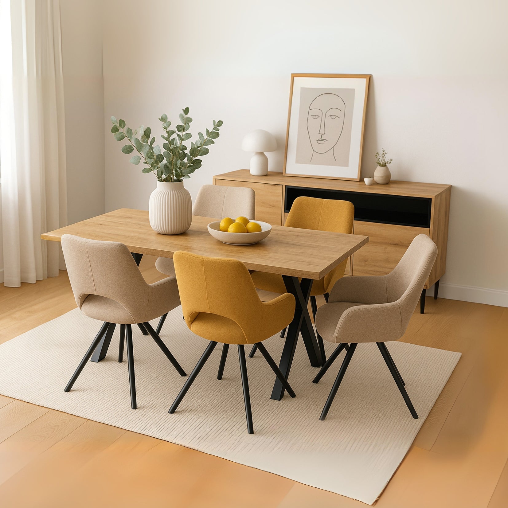Moderner industrieller Esstisch 140x80 cm aus Holz in Eichenoptik mit gekreuzten Beinen aus schwarzem Metall