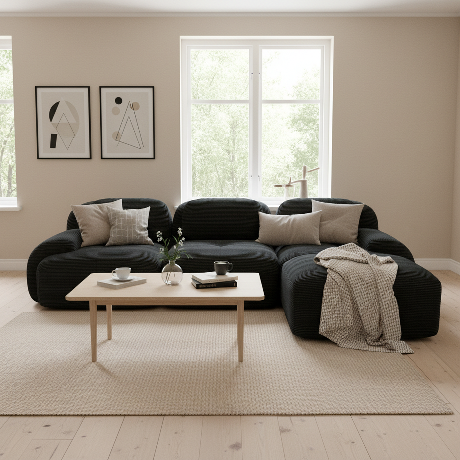 2-seater sofa bed in dark gray fabric with side pockets, modern convertible sofa