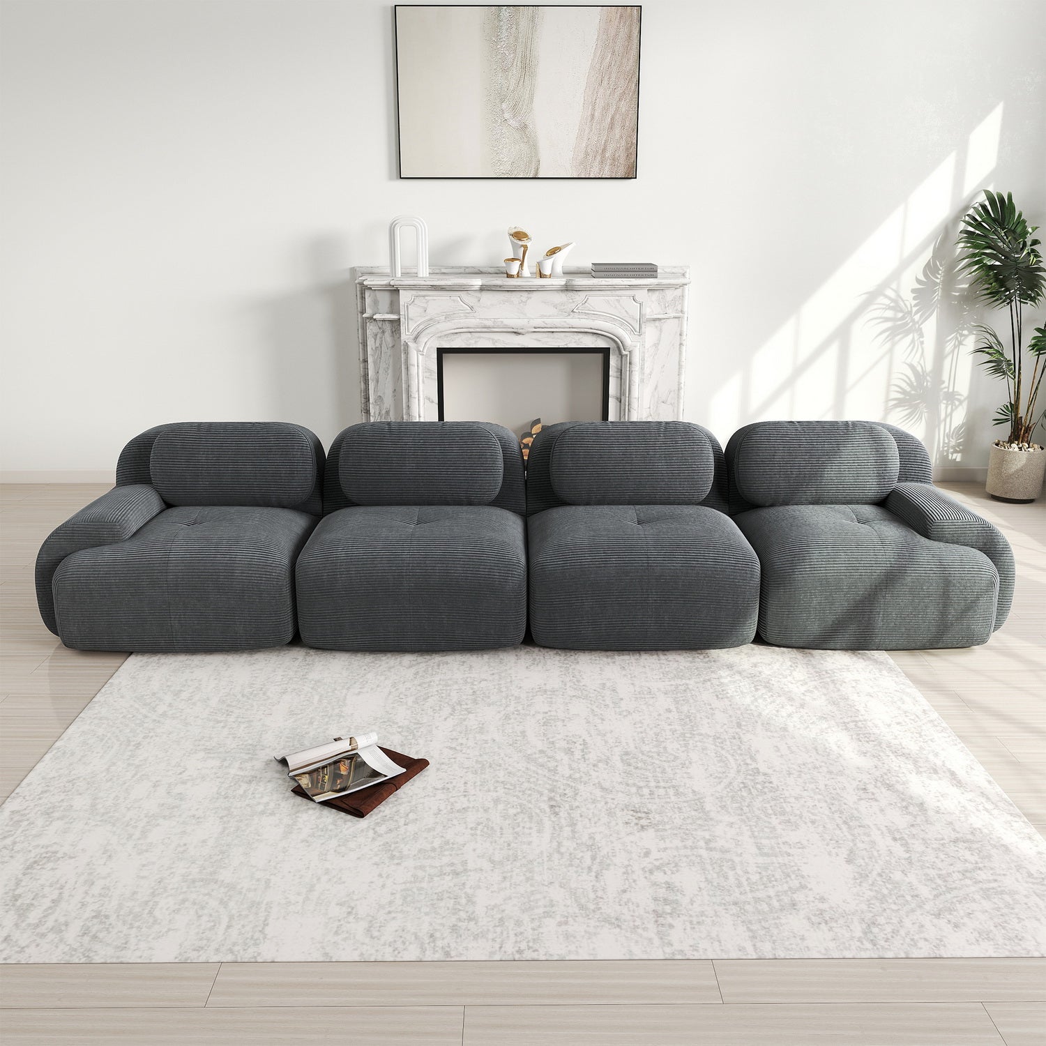 Ensemble de canapés avec accoudoirs incurvés et base antidérapante en tissu velours côtelé doux pour le salon, gris, siège 4