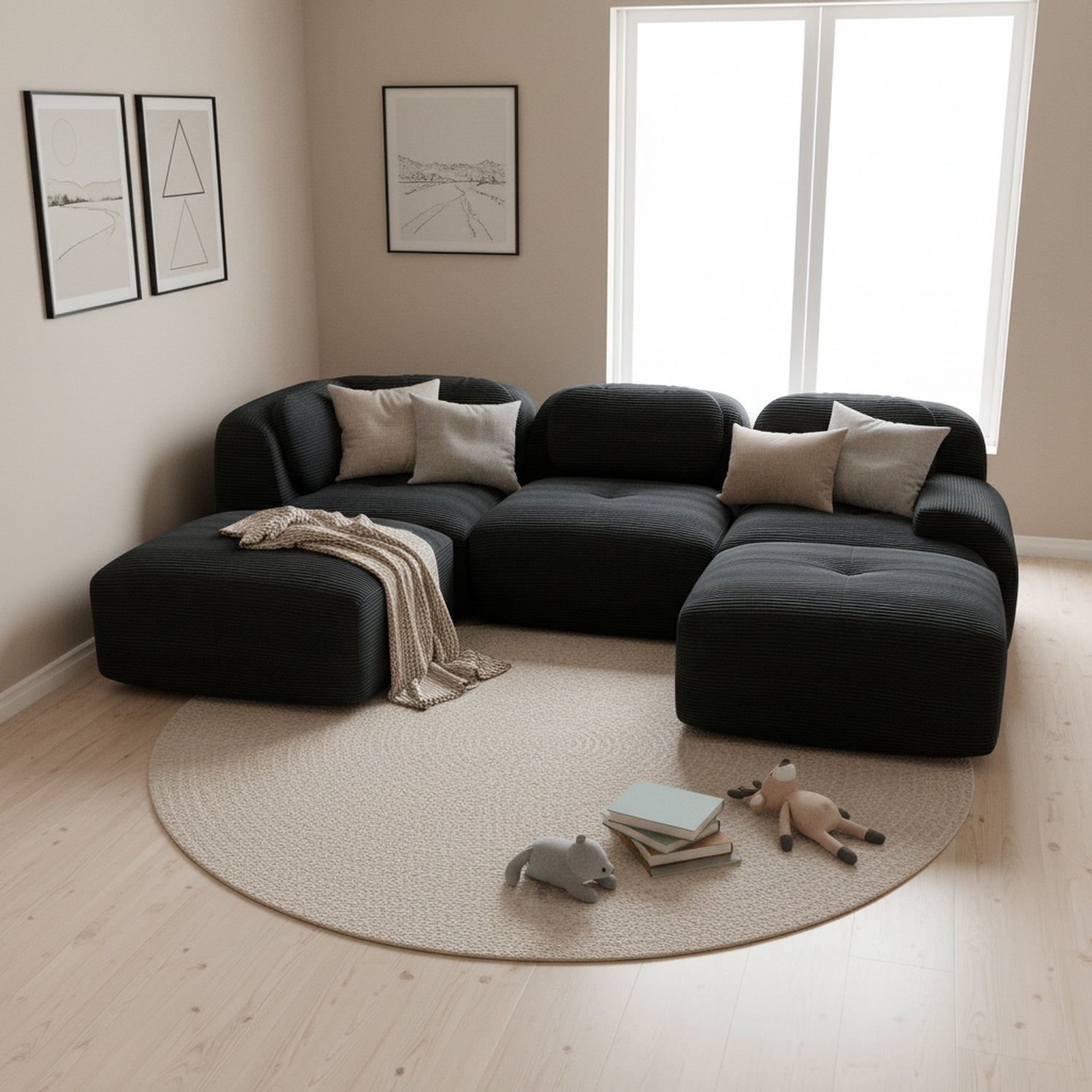 2-seater sofa bed in dark gray fabric with side pockets, modern convertible sofa
