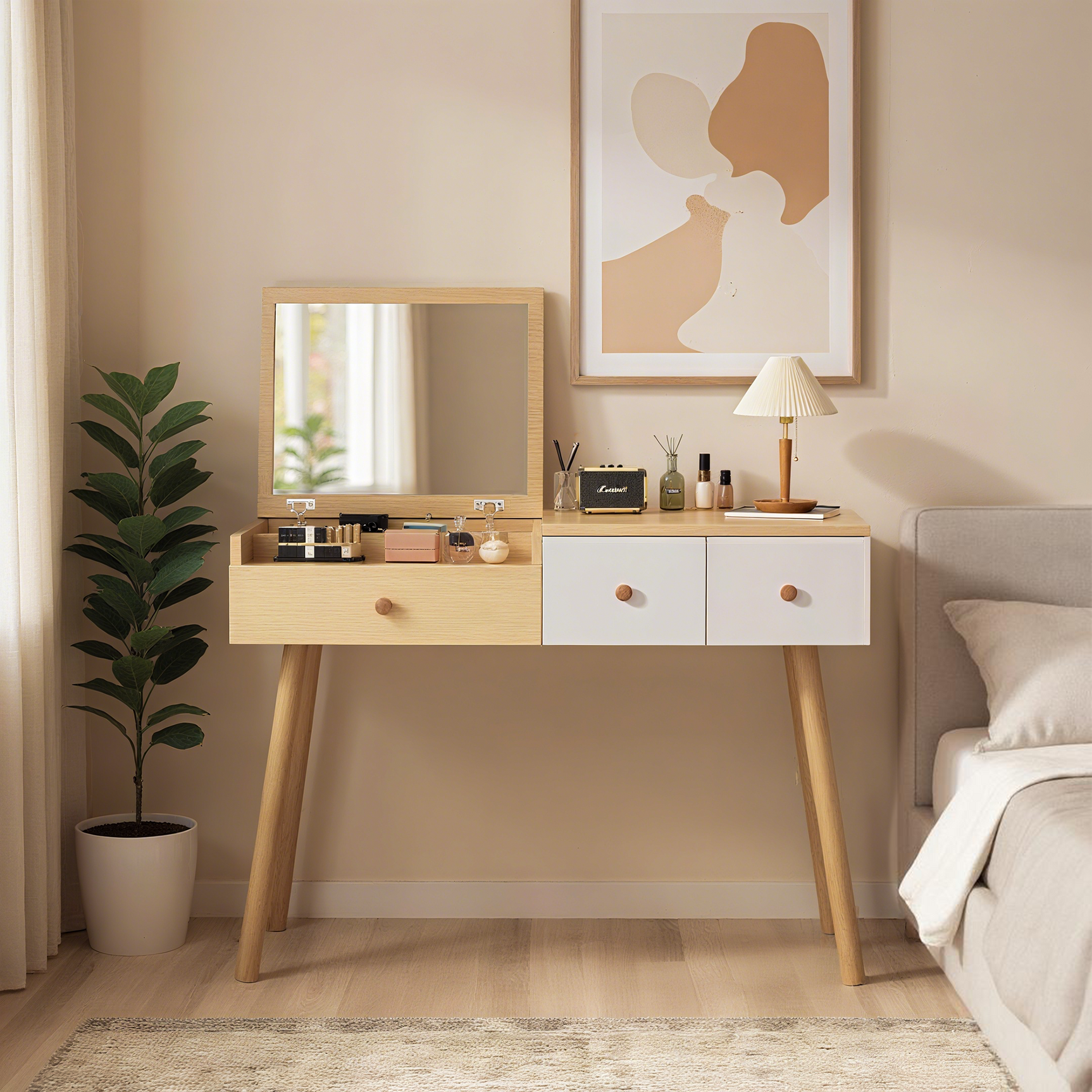 Coiffeuse en bois avec miroir rabattable, 3 tiroirs de rangement et design naturel blanc �100x40x78 cm