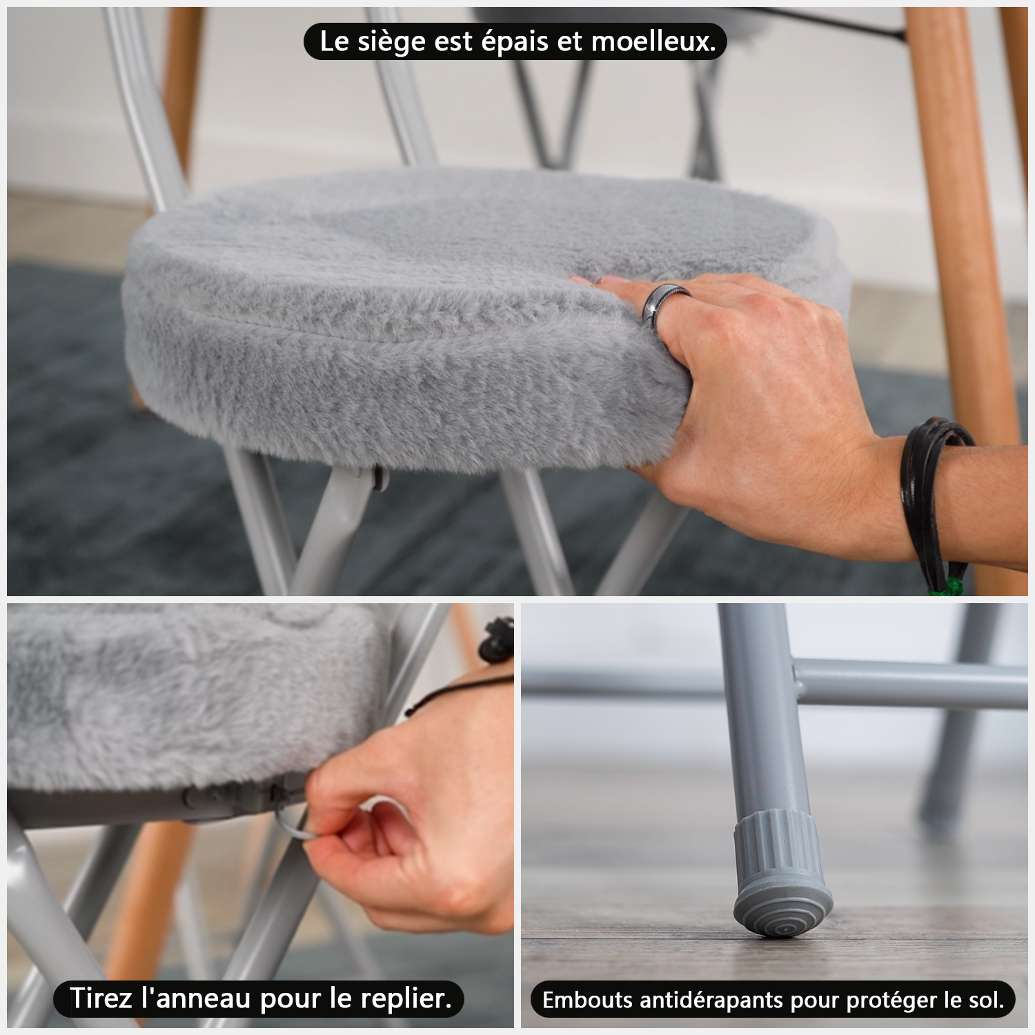 Lot de 4 chaises/tabourets pliantes, assise ronde en tissu effet fausse fourrure grise - ERNST