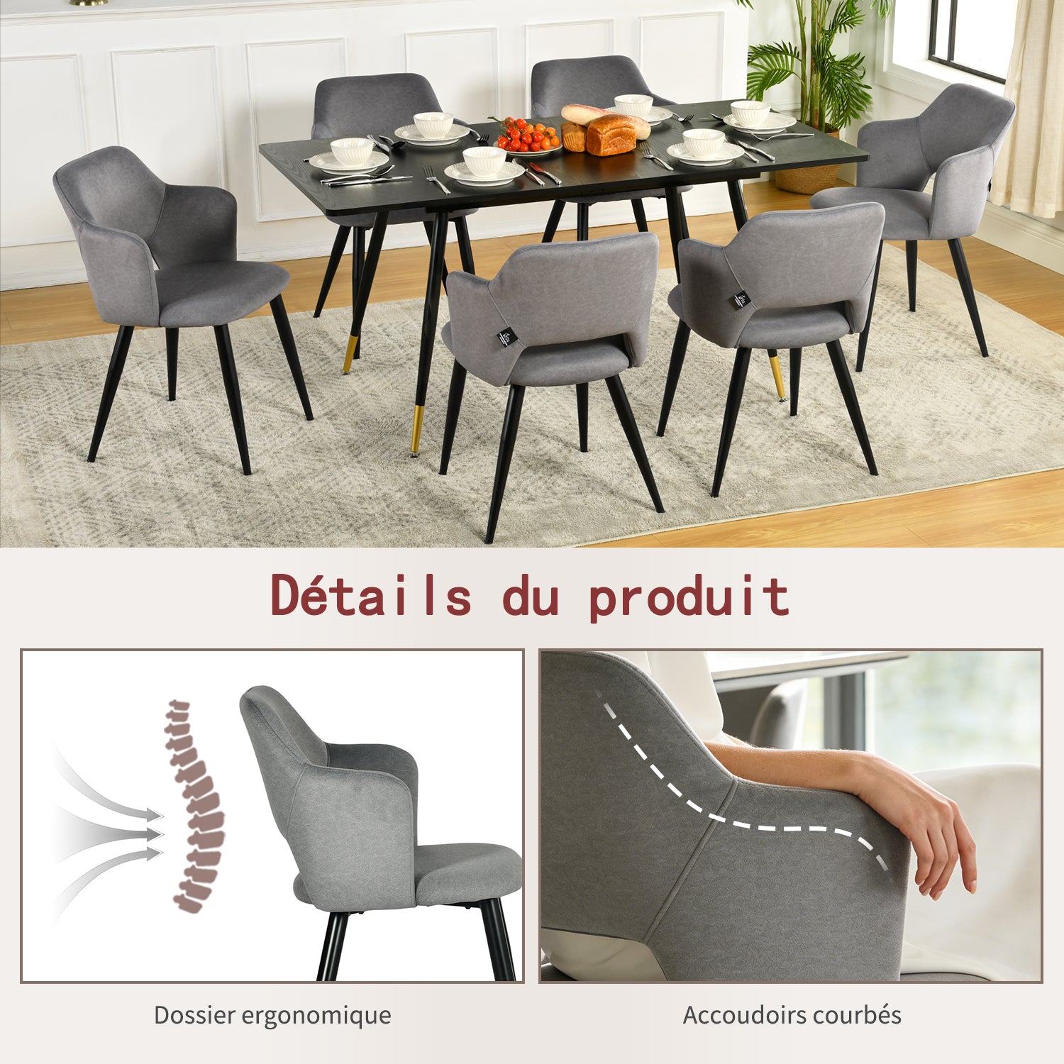 Ensemble table à manger extensible noire et 6 fauteuils en tissu gris de style scandinave