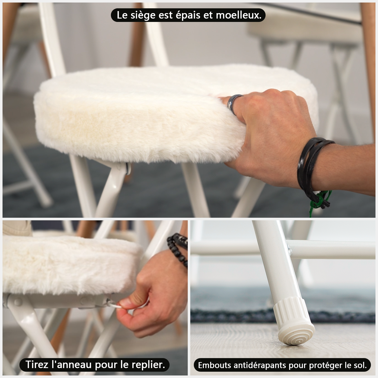 Lot de 4 chaises/tabourets pliantes, assise ronde en tissu effet fausse fourrure blanche - ERNST
