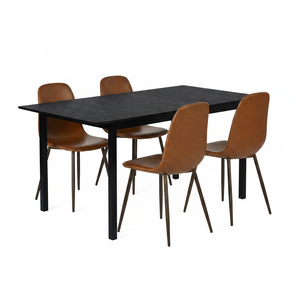 Ensemble table à manger extensible noire avec 4 chaises de salle à manger en PU, style scandinave