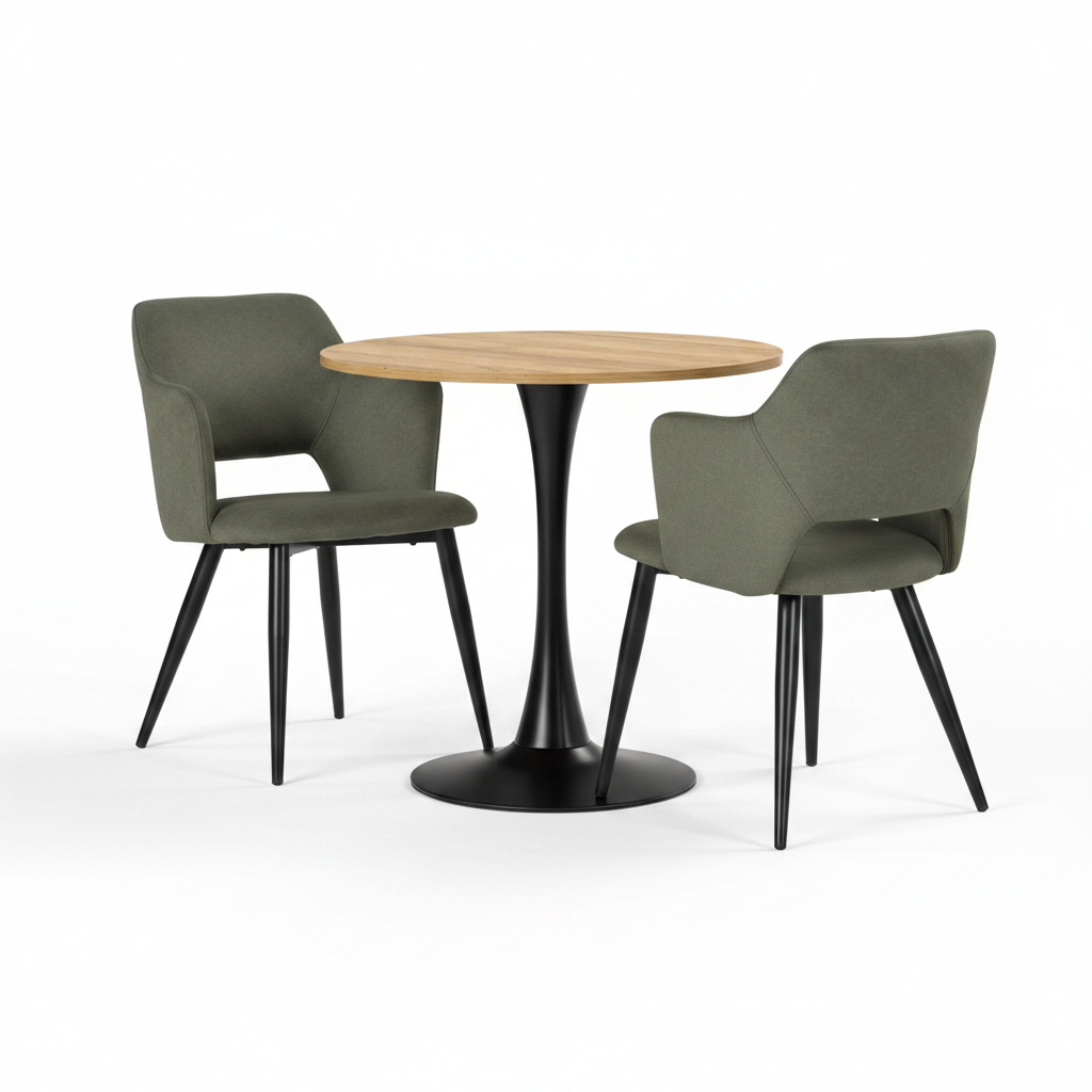 Ensemble de salle à manger de style scandinave composé d'une table ronde en chêne et de 2 fauteuils en tissu vert