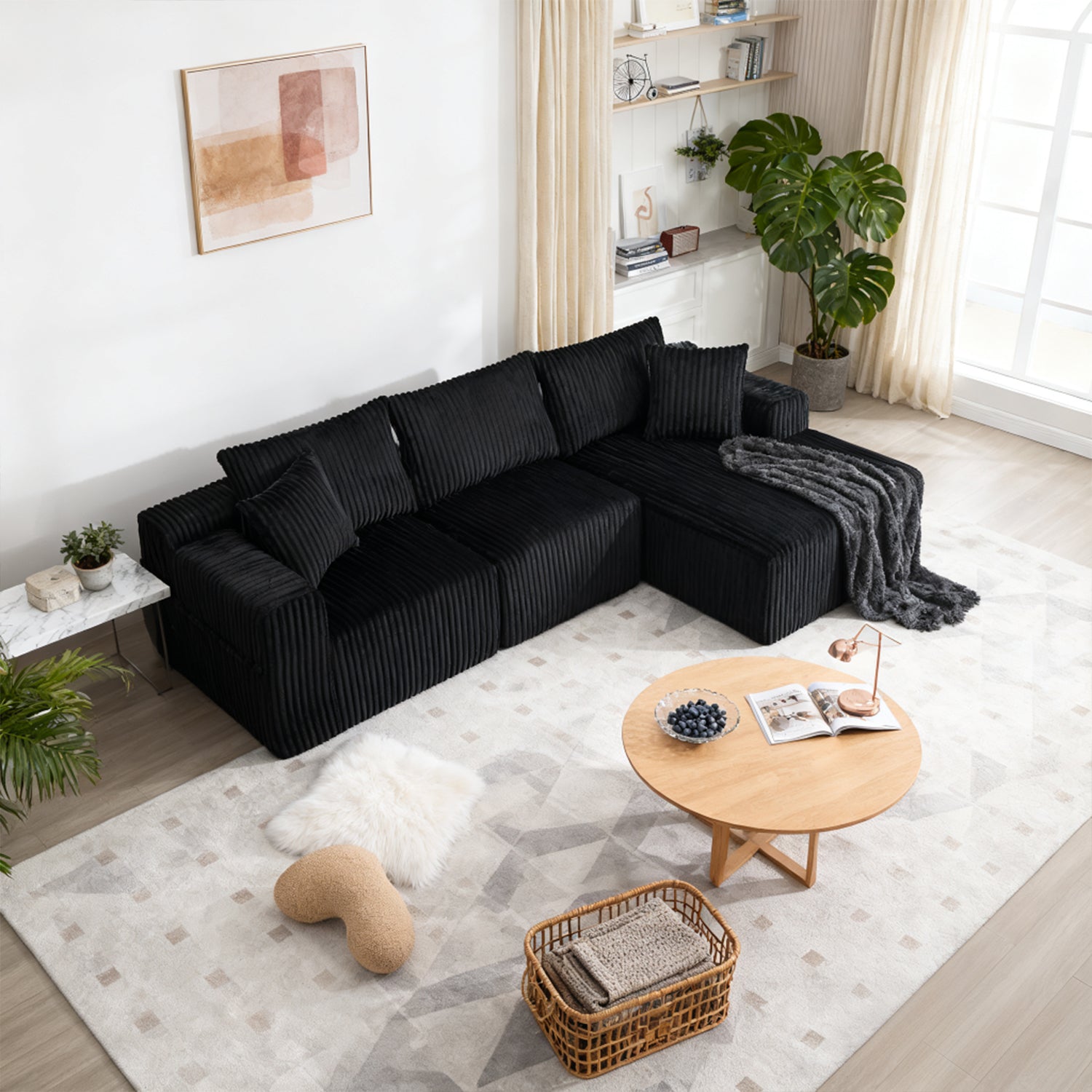 Ensemble canapé avec coussins, poches latérales et porte-gobelets en velours côtelé doux pour salon, noir