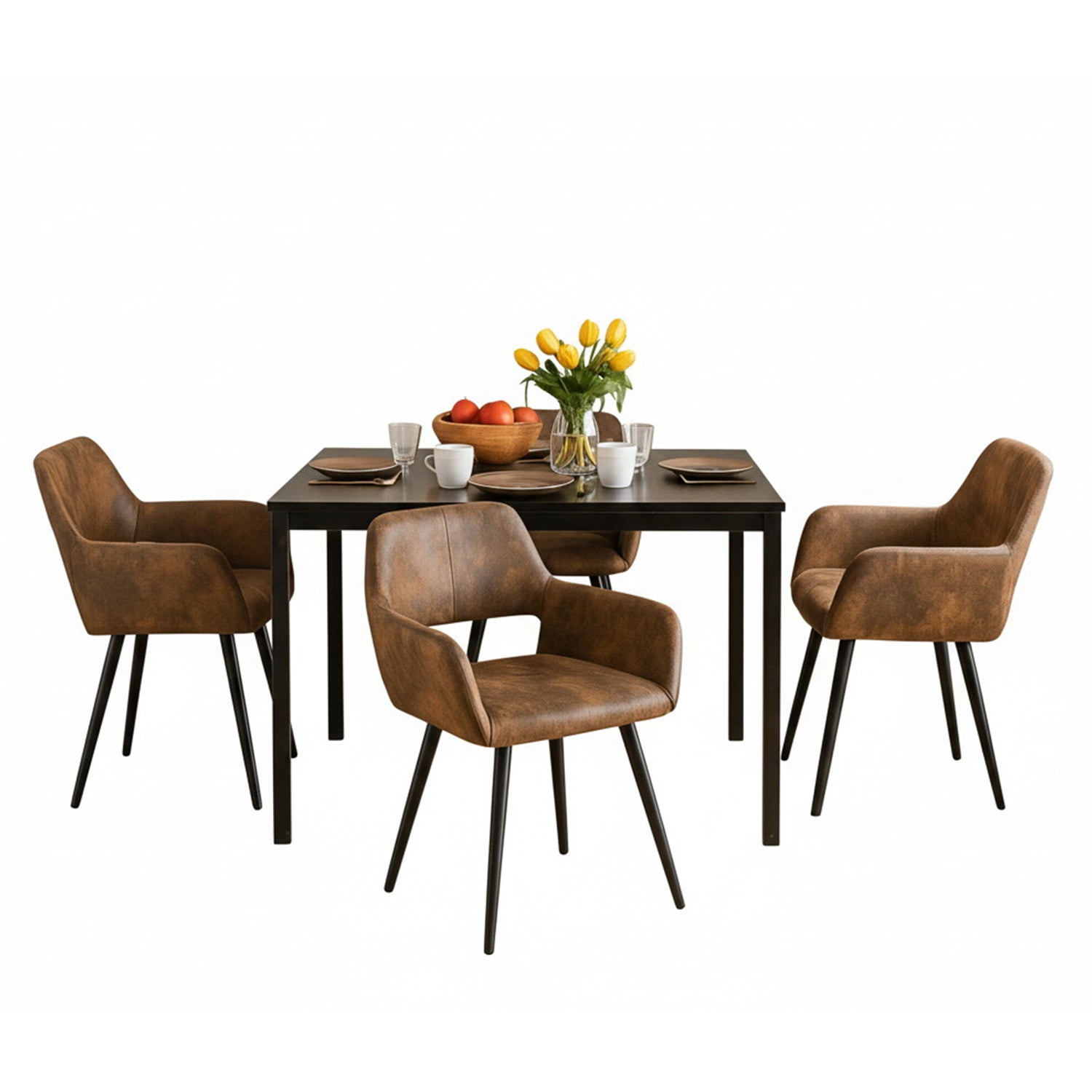 Ensemble table à manger extensible noire avec 4 fauteuils en suédine, style scandinave