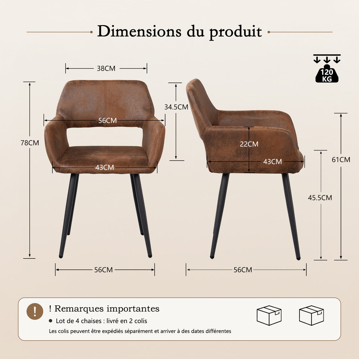 Ensemble de salle à manger comprenant une table extensible et 6 chaises avec accoudoirs en suédine marron