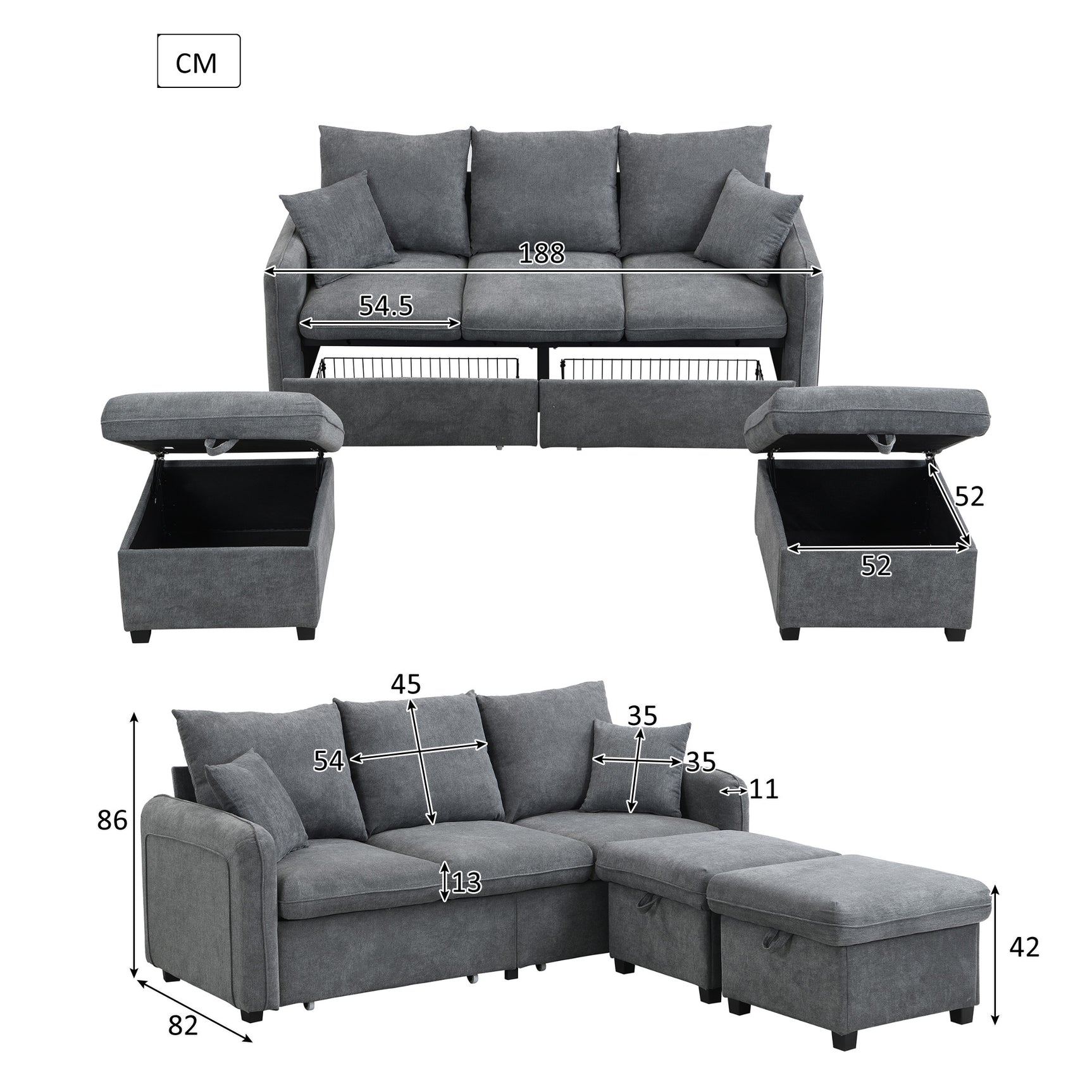 Canapé d'angle 3 places gris en forme de U avec rangement, canapé modulaire multifonction en chenille