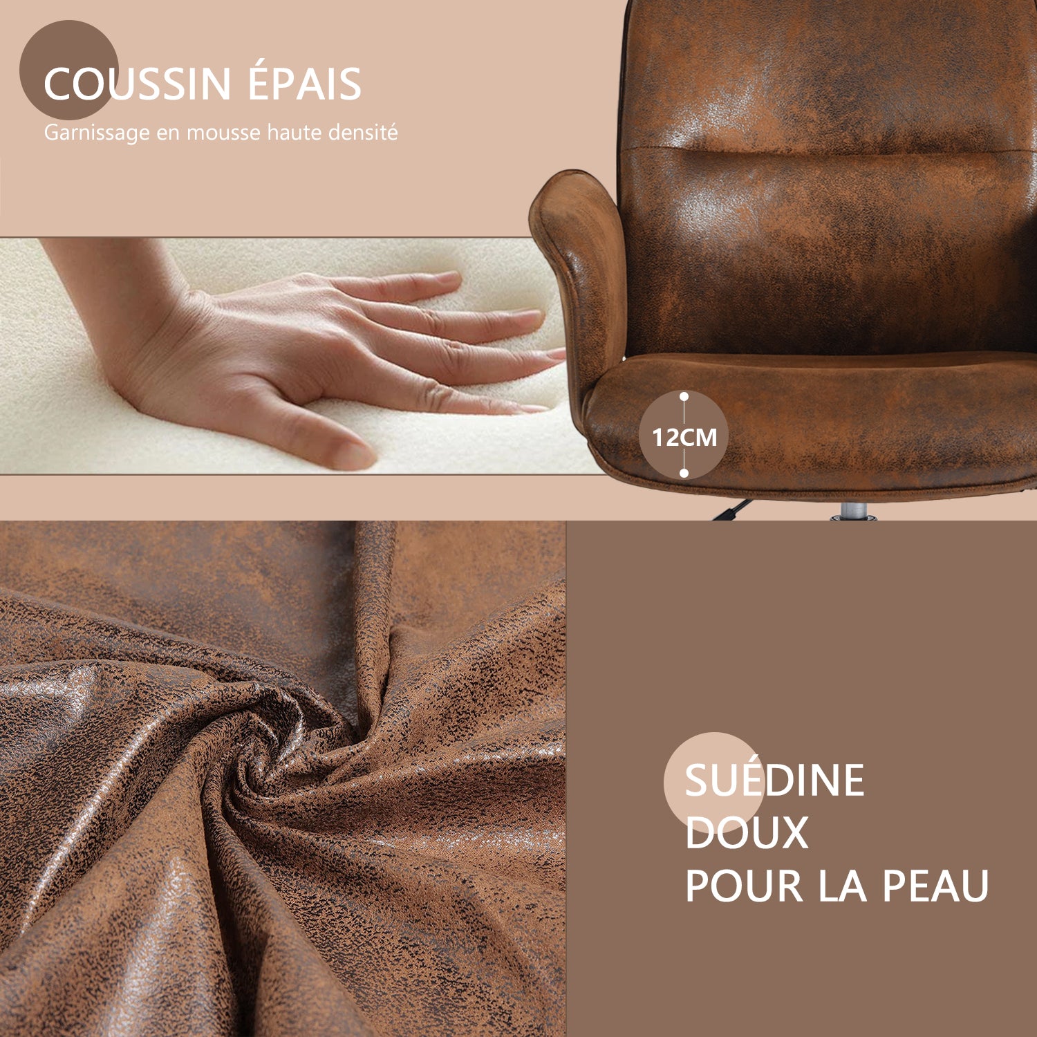 Fauteuil de bureau ergonomique réglable pivotant avec accoudoirs en suédine - THOMASINA