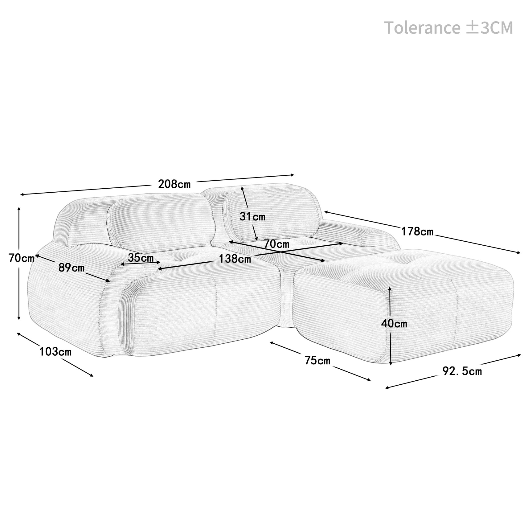 Ensemble de canapés avec accoudoirs incurvés et base antidérapante en tissu velours côtelé doux pour le salon, noir, siège 2 + tabouret 1