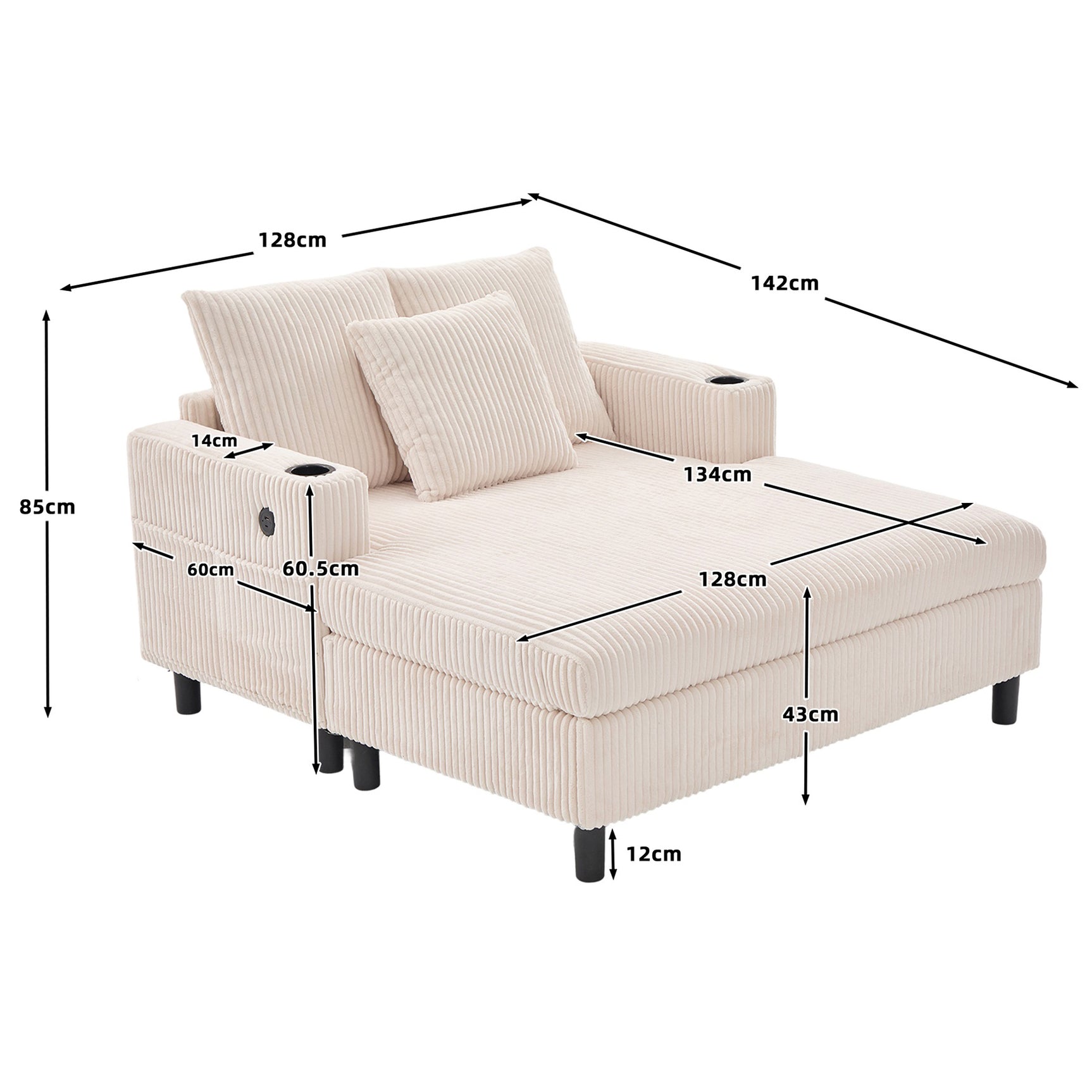 Canapé lounge en velours côtelé souple avec ports USB et éclairage d'ambiance LED, beige