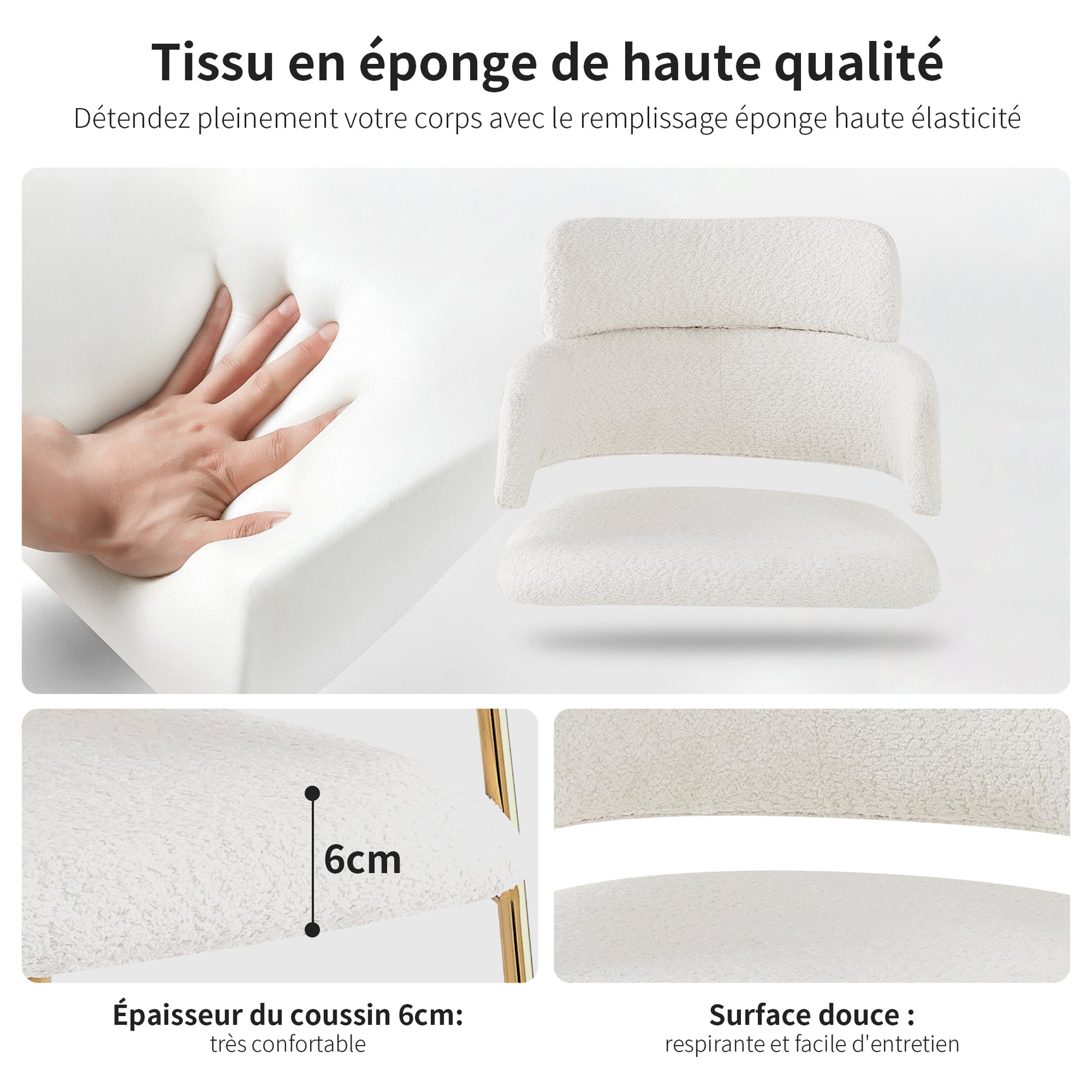 Lot de 6 chaises de salle à manger beiges avec pieds dorés, style moderne