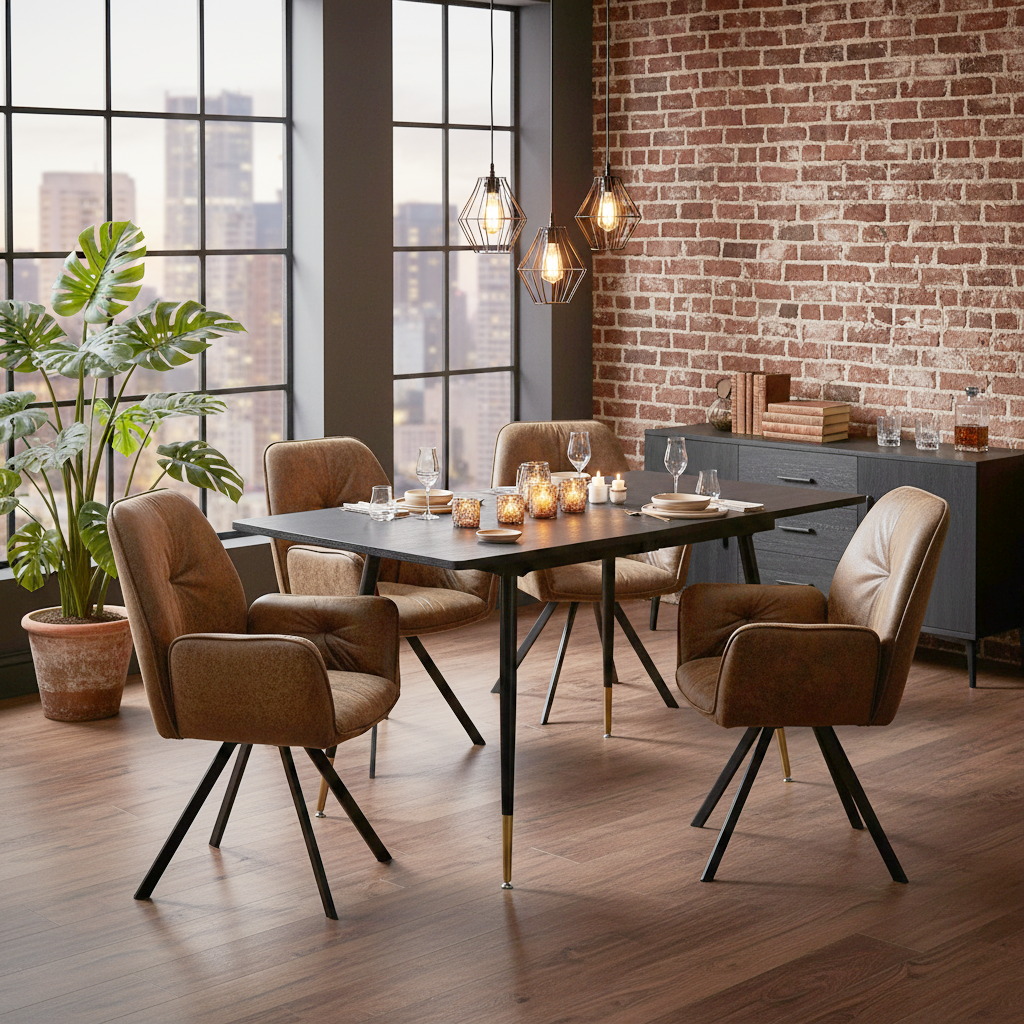 Ensemble de salle à manger comprenant une table extensible et 4 fauteuil pivotant confortables en suédine