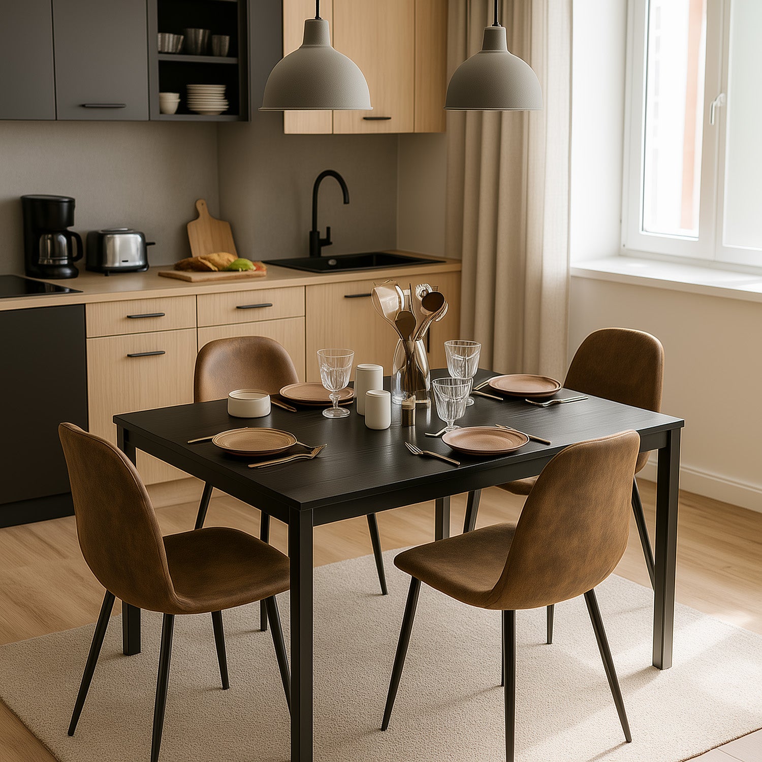 Ensemble table à manger extensible noire et 4 chaises en suédine, style scandinave