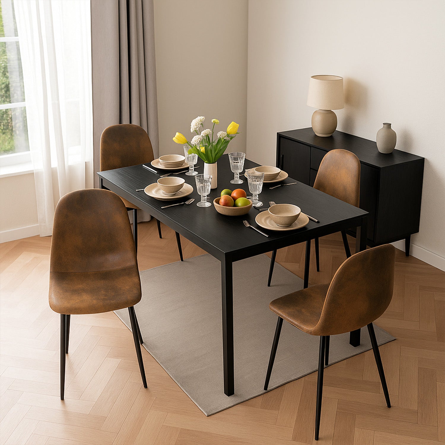 Ensemble table à manger extensible noire et 4 chaises en suédine, style scandinave
