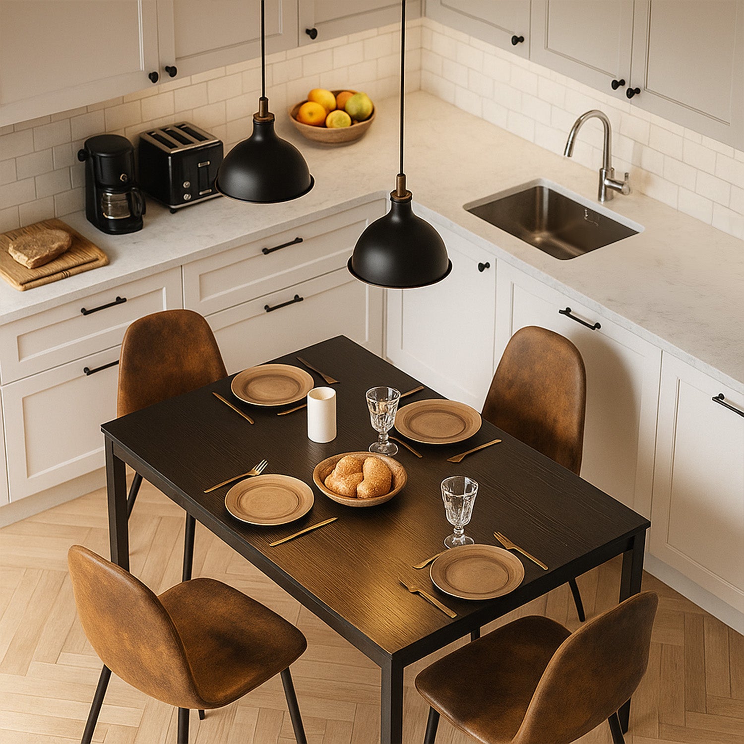 Ensemble table à manger extensible noire et 4 chaises en suédine, style scandinave