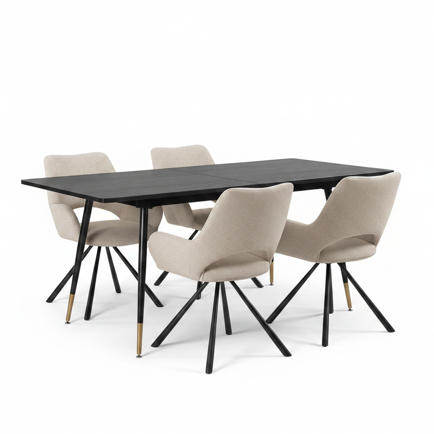 Ensemble de salle à manger comprenant une table extensible et 4 fauteuil en tissu beige