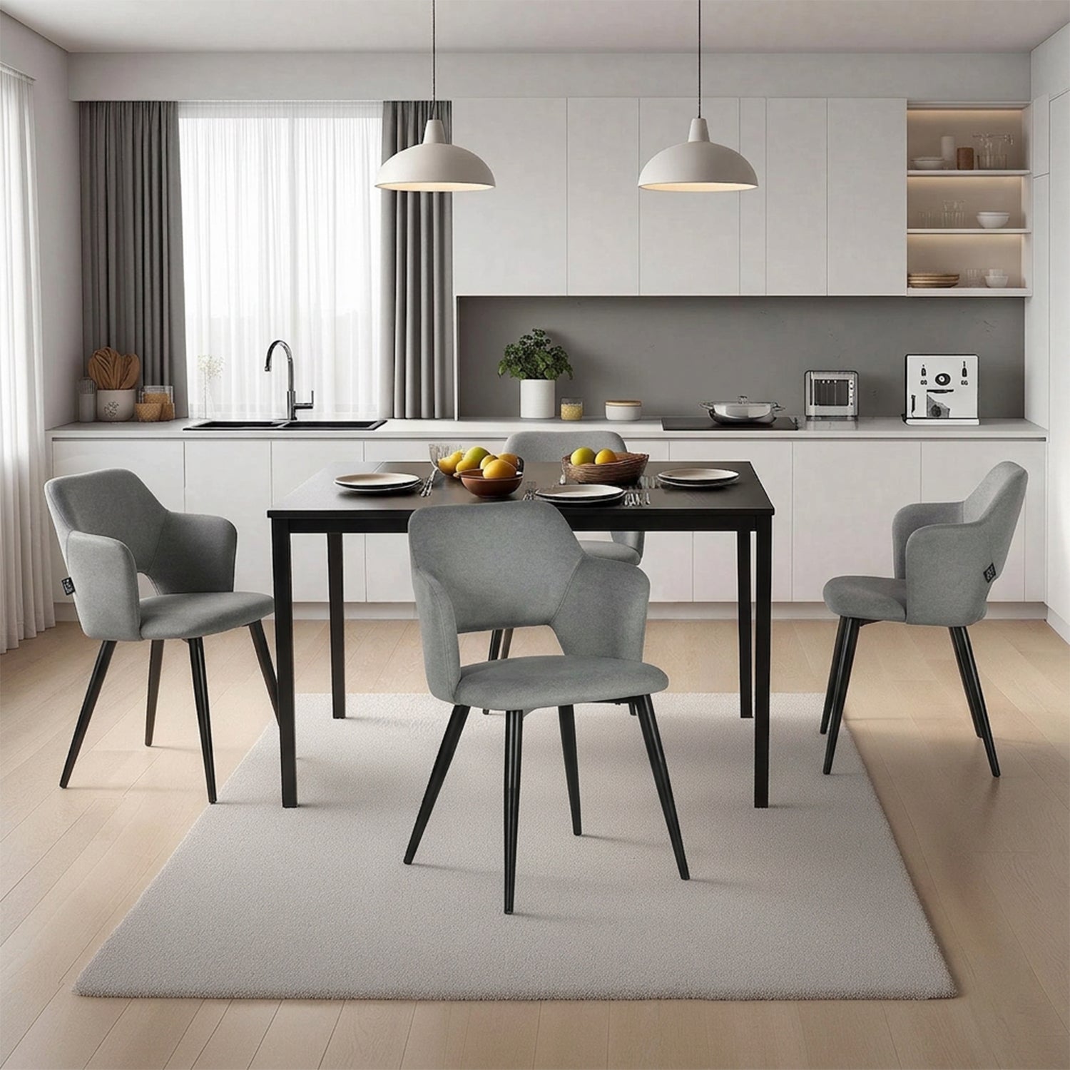 Ensemble table à manger extensible noire et 4 fauteuils en tissu gris de style scandinave