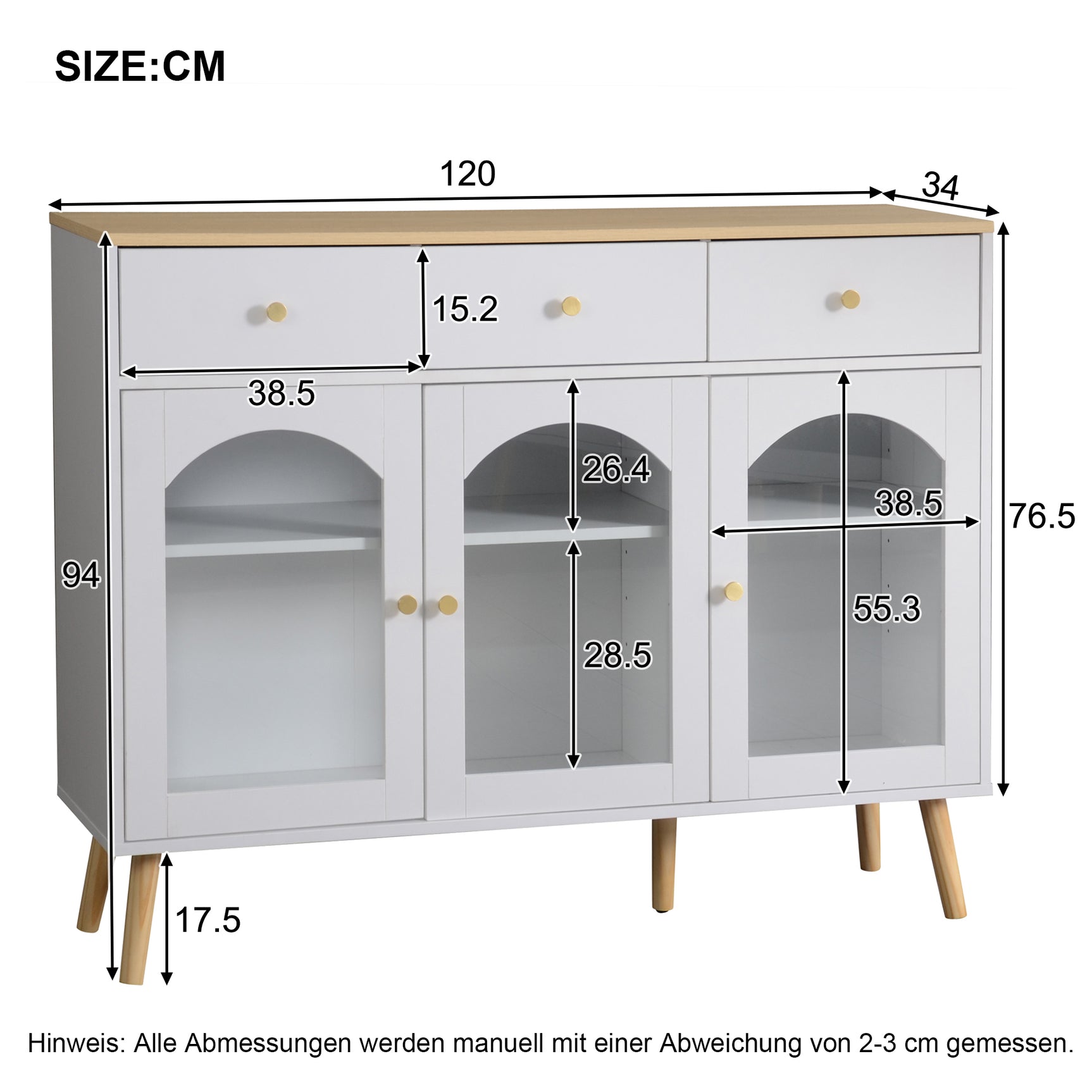 Buffet blanc et bois naturel avec 3 tiroirs et 3 portes cintrées en verre trempé, grand espace de rangement élégant