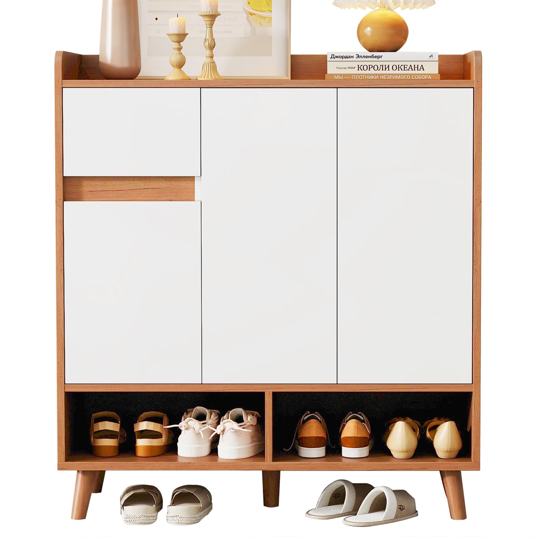 Commode / buffet / meuble à chaussures blanc et bois 90x35x99 cm avec étagères réglables et pieds en bois massif