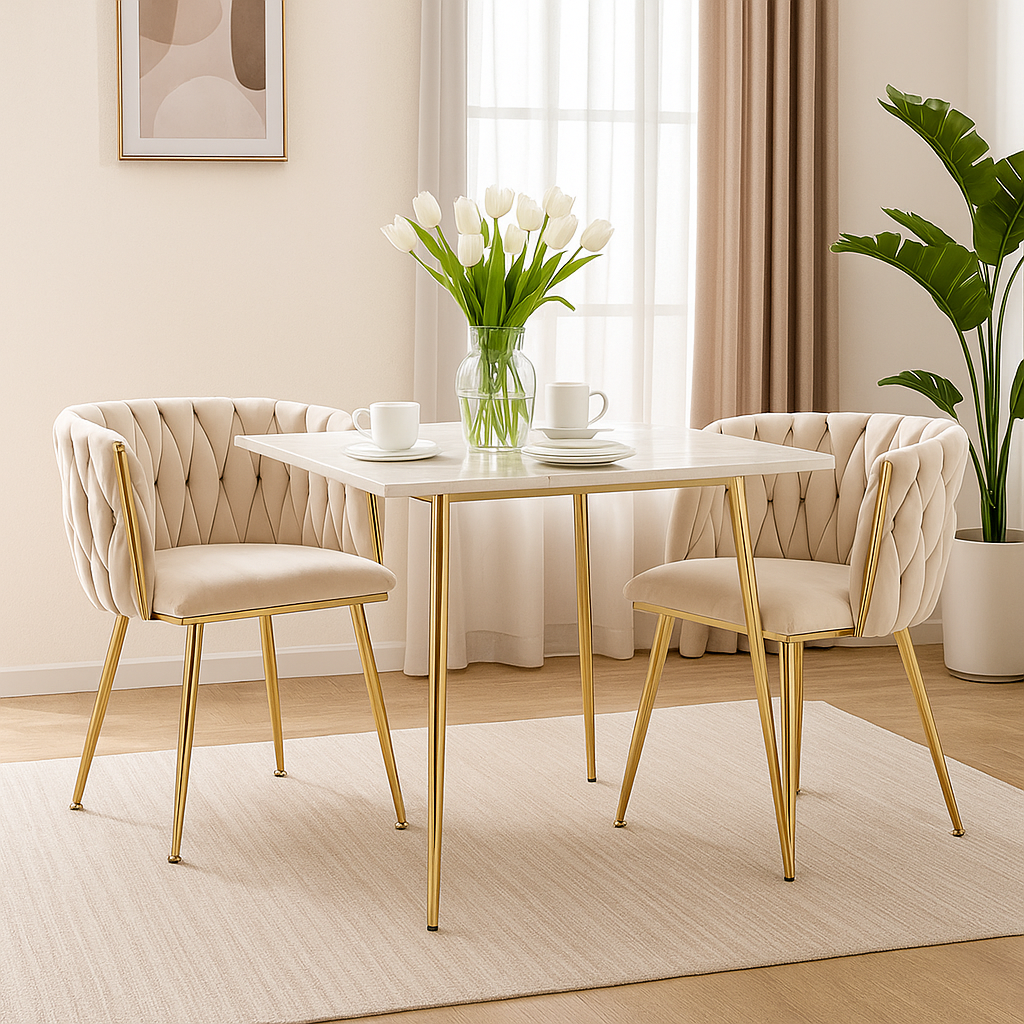 Lot de 2 Chaises en Velours Luxueuses Chaises à Dos Tressé avec Pieds Métal Doré pour Salon Chambre à Coucher Salle à Manger