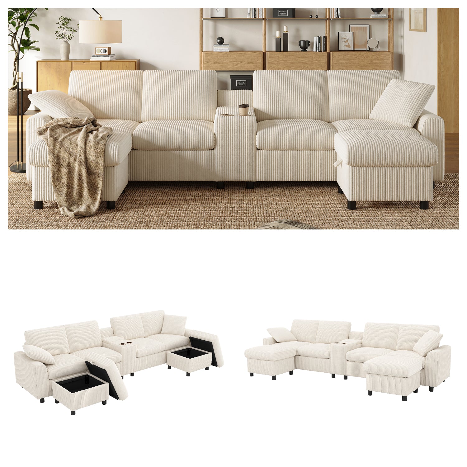 Canapé en U comprenant deux repose-pieds avec rangement en velours côtelé beige