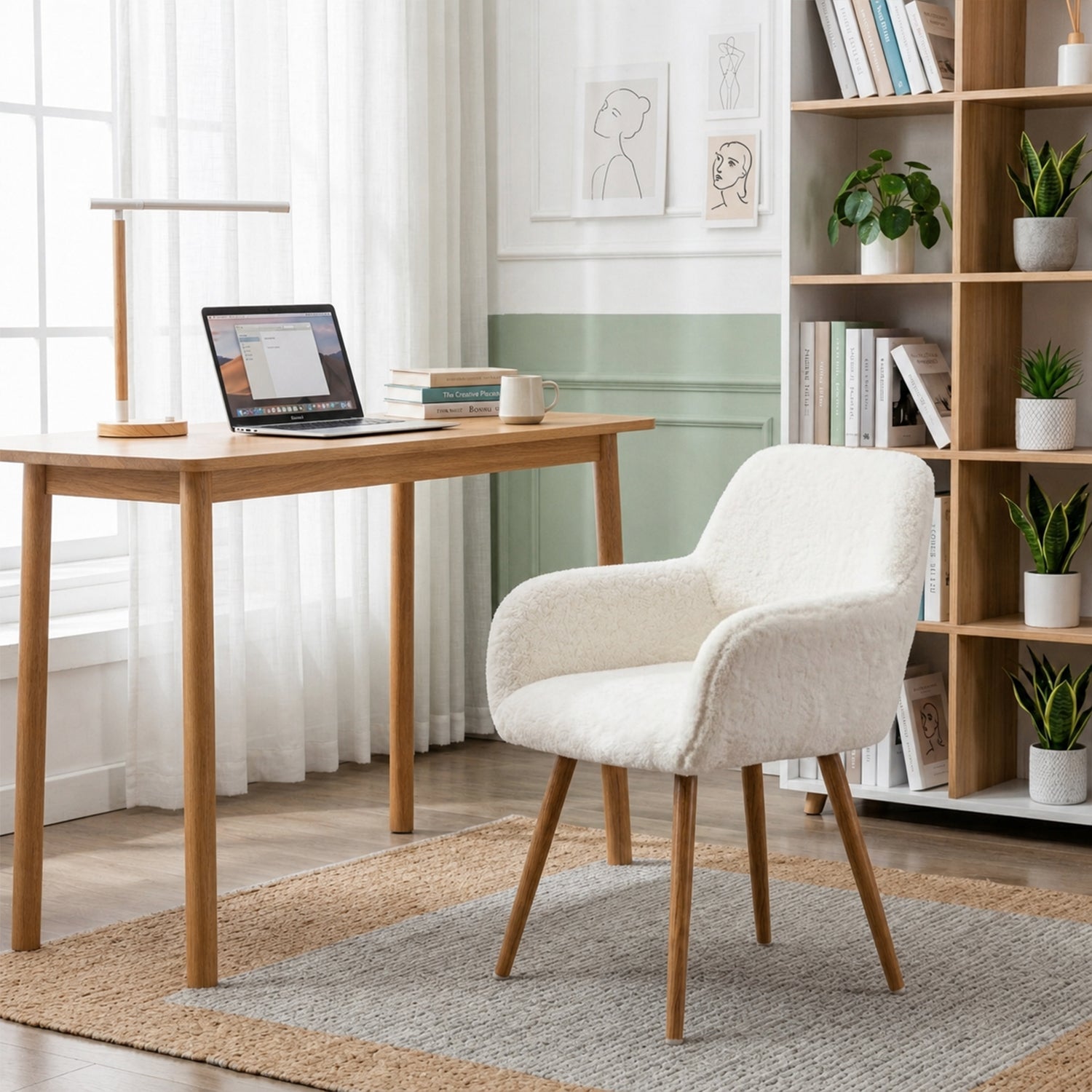 Lot de 2 fauteuils de salle à manger de style scandinave en fausse fourrure blanche avec pieds en métal effet bois