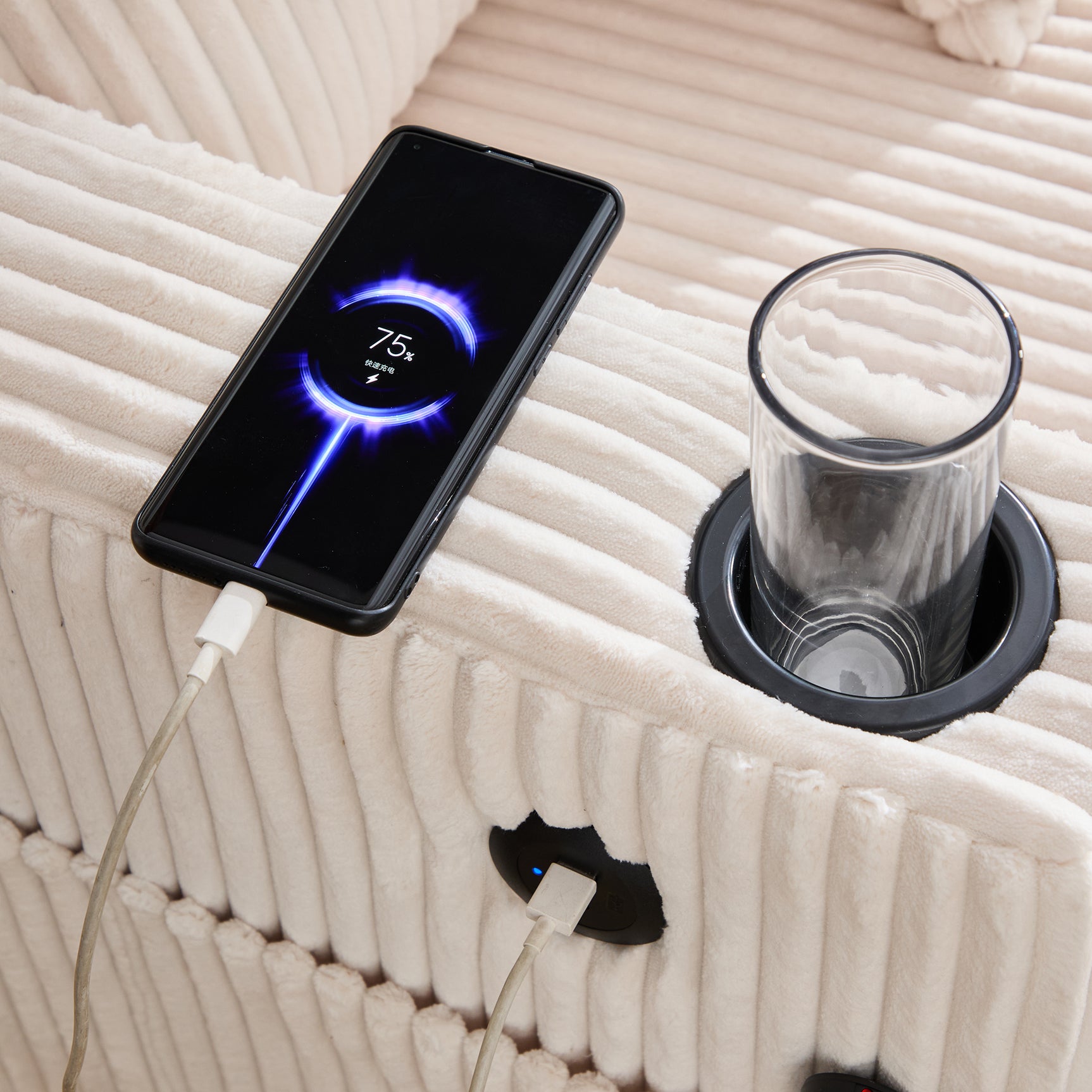 Canapé lounge en velours côtelé souple avec ports USB et éclairage d'ambiance LED, beige