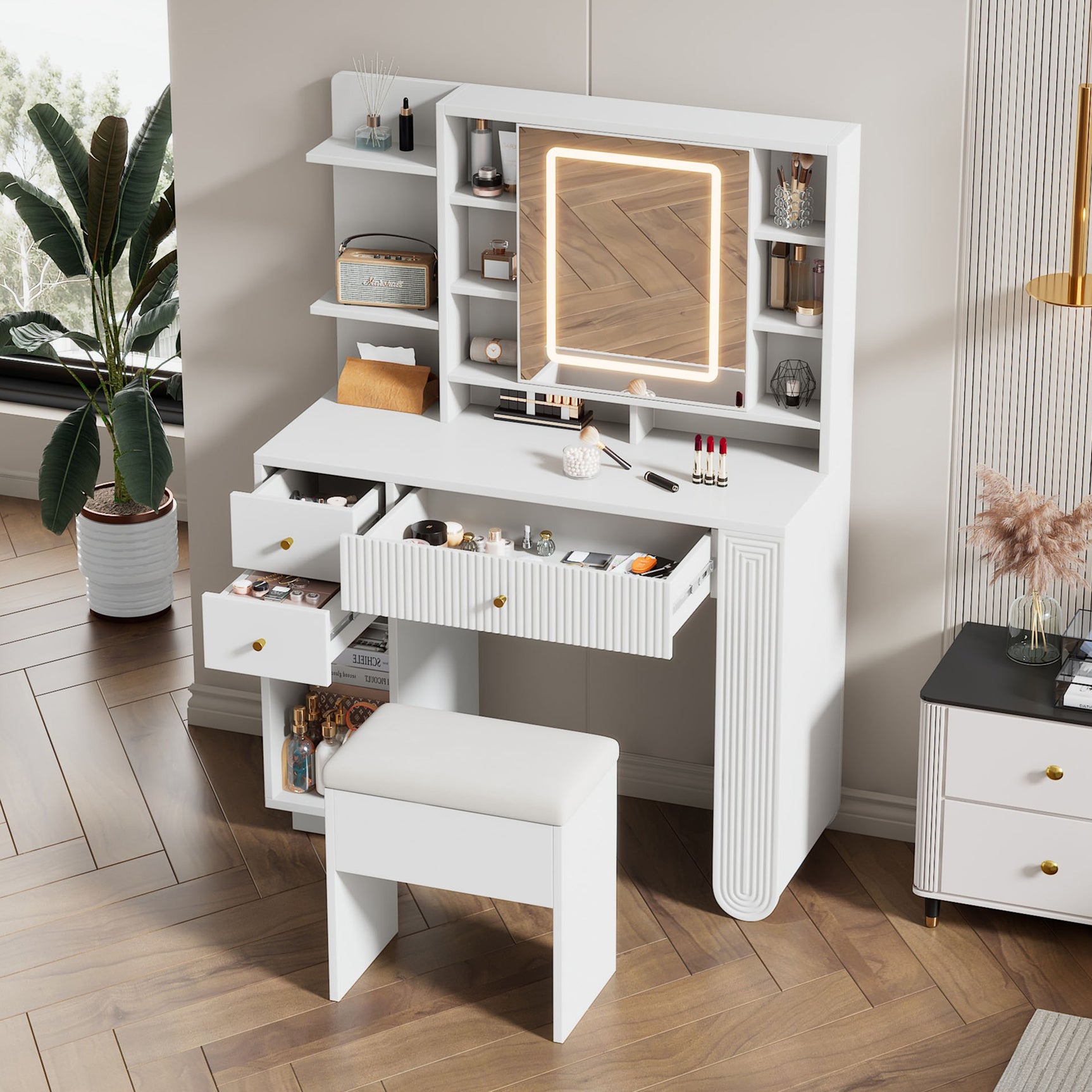 Coiffeuse moderne avec miroir éclairé & tabouret â€?Table de maquillage avec éclairage réglable, tiroirs & rangements ouverts