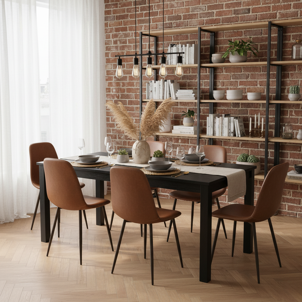 Round Table Table Table Table Timber Ø80 cm with 4 black velvet chairs, modern and comfortable style