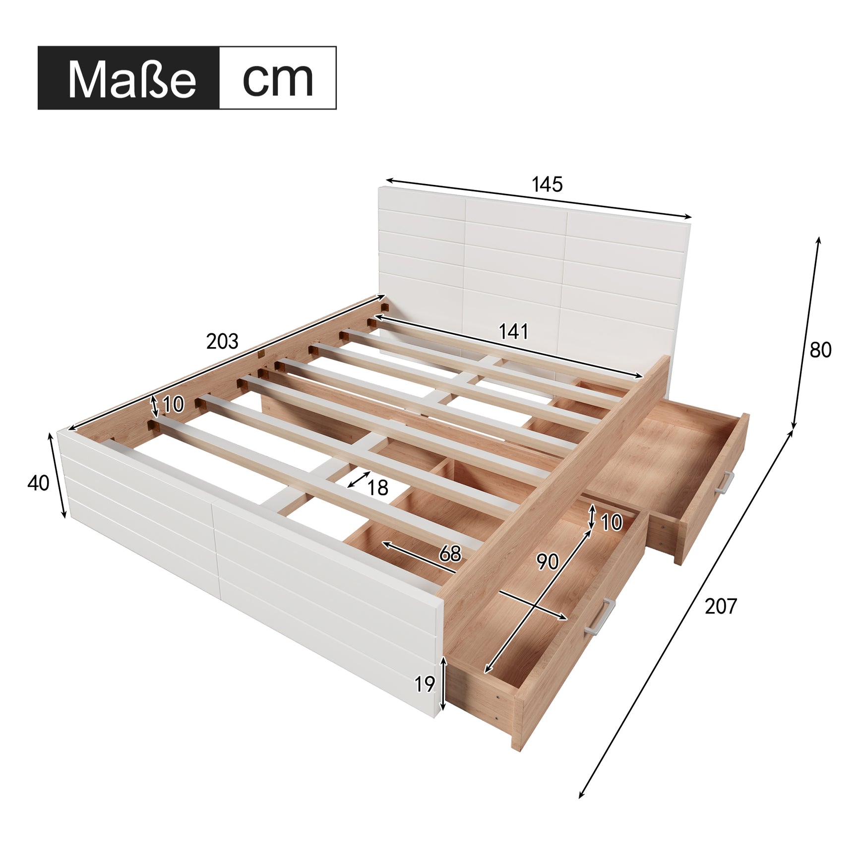 Lit double 140x200 cm en bois avec sommier à lattes et 2 tiroirs de rangement (sans matelas)