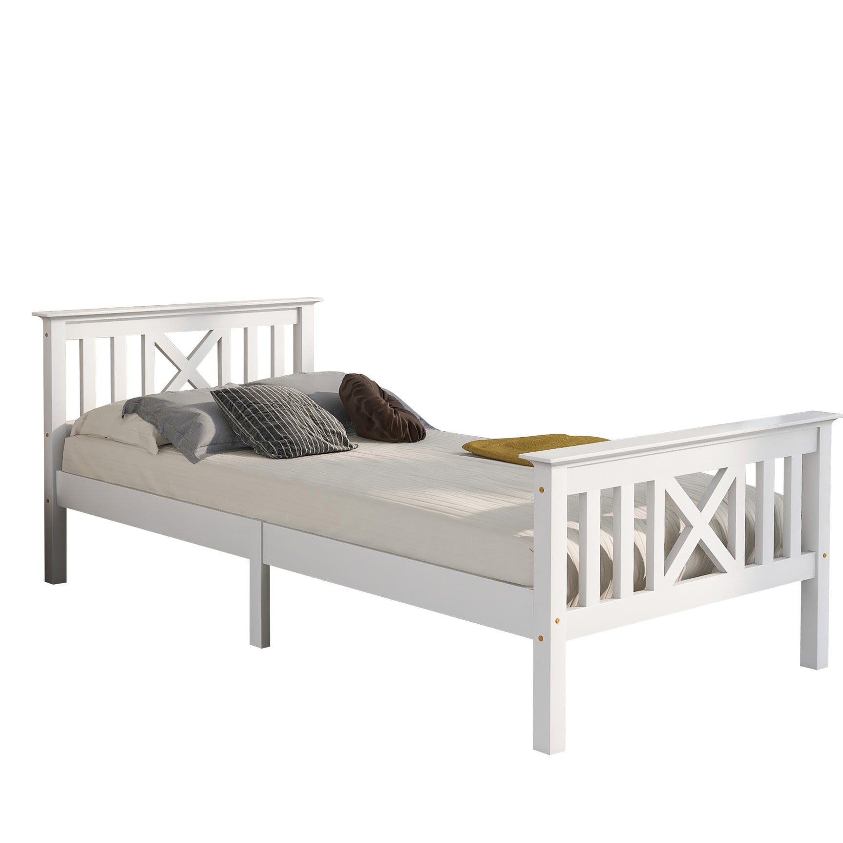 Lit simple 90x200 cm blanc en bois massif de pin avec sommier à lattes et tête de lit (sans matelas)