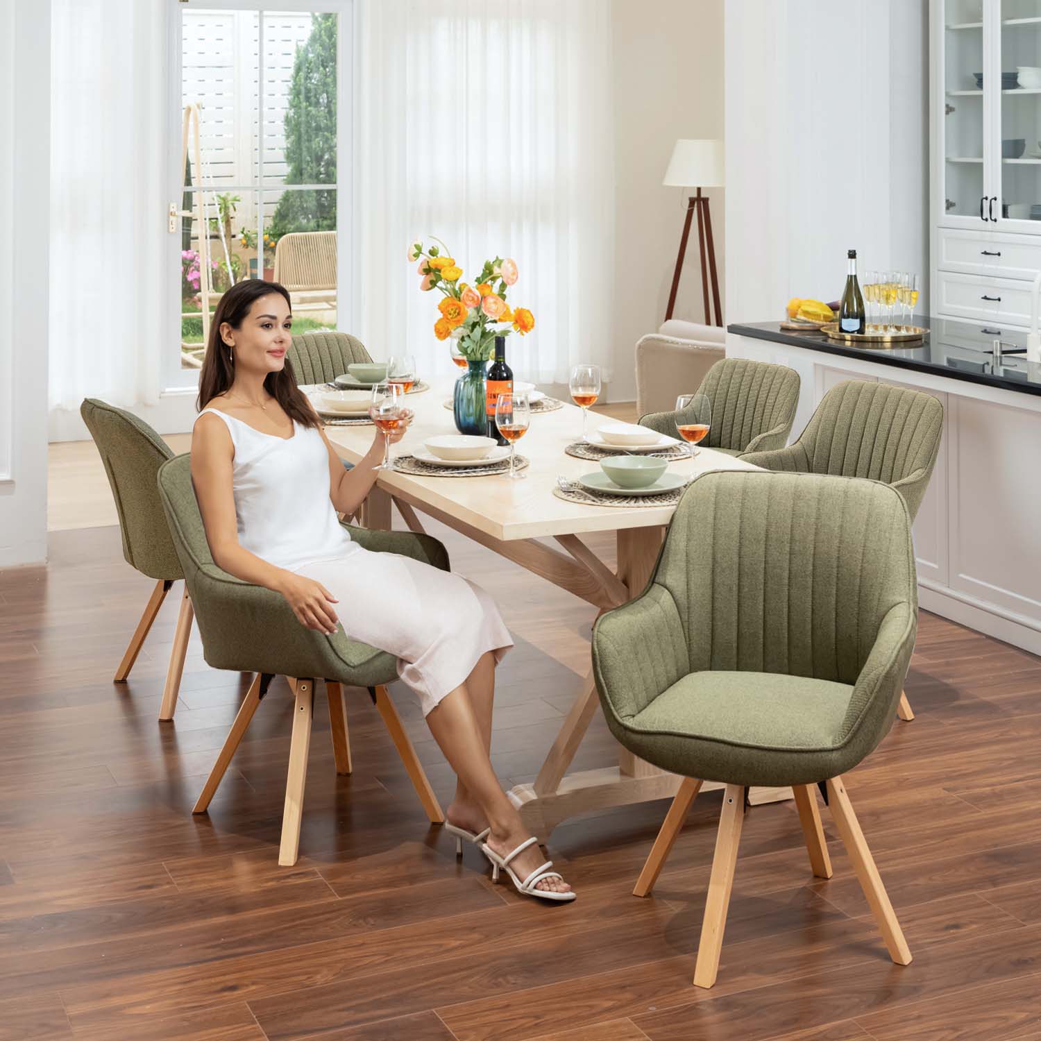 Lot de 6 chaises de salle à manger confortables en tissu vert pivotantes 360° - CARSON FABRIC GREEN 6PCS