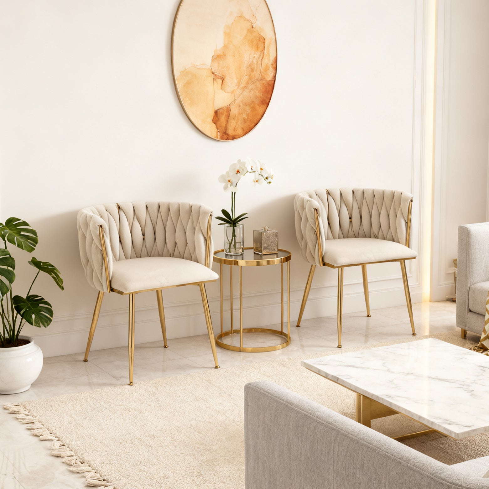 Lot de 2 Chaises en Velours Luxueuses Chaises à Dos Tressé avec Pieds Métal Doré pour Salon Chambre à Coucher Salle à Manger