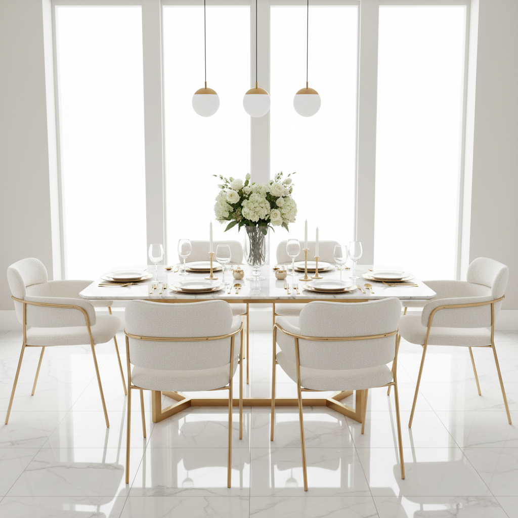 Lot de 6 chaises de salle à manger beiges avec pieds dorés, style moderne