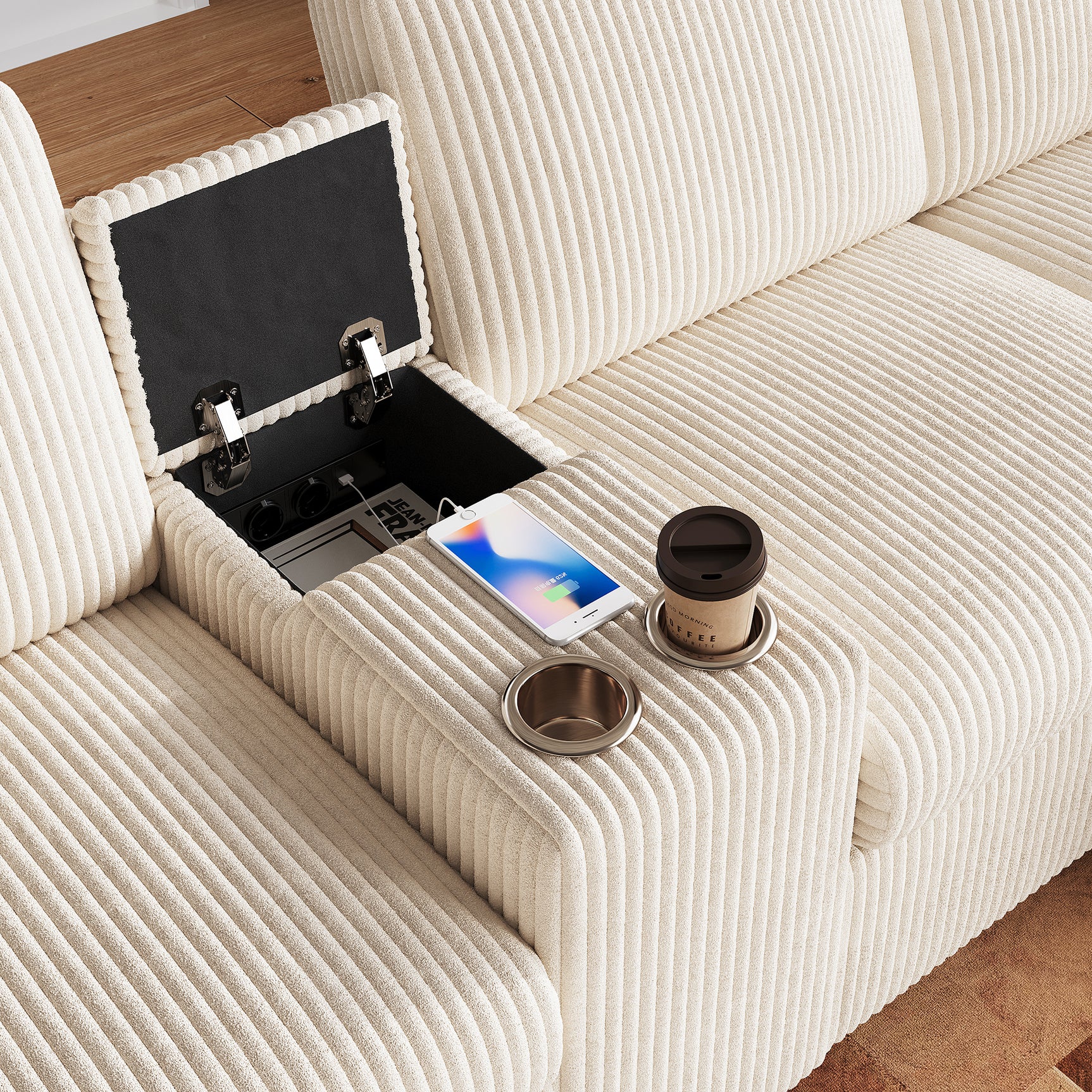 Canapé en U comprenant deux repose-pieds avec rangement en velours côtelé beige