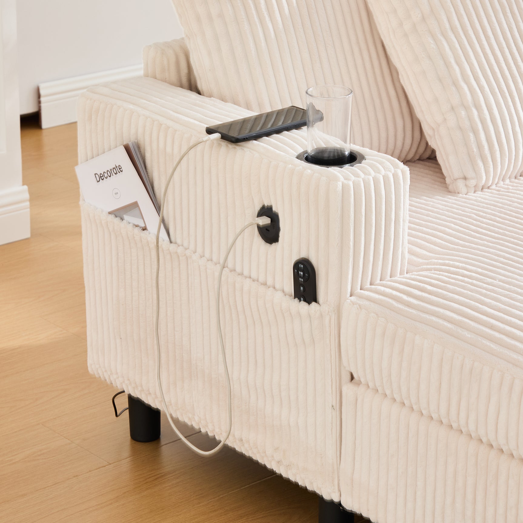 Canapé lounge en velours côtelé souple avec ports USB et éclairage d'ambiance LED, beige