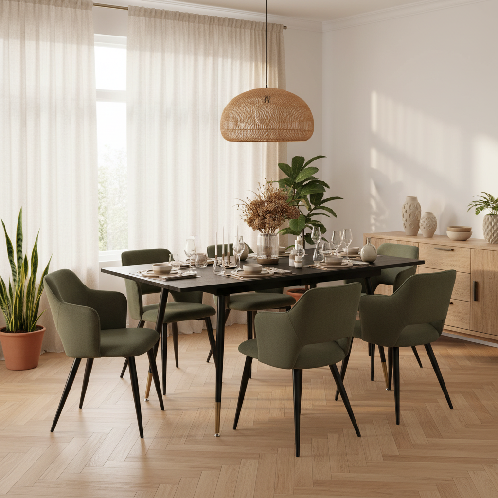 Ensemble de salle à manger comprenant une table extensible et 6 fauteuils avec accoudoirs en tissu vert
