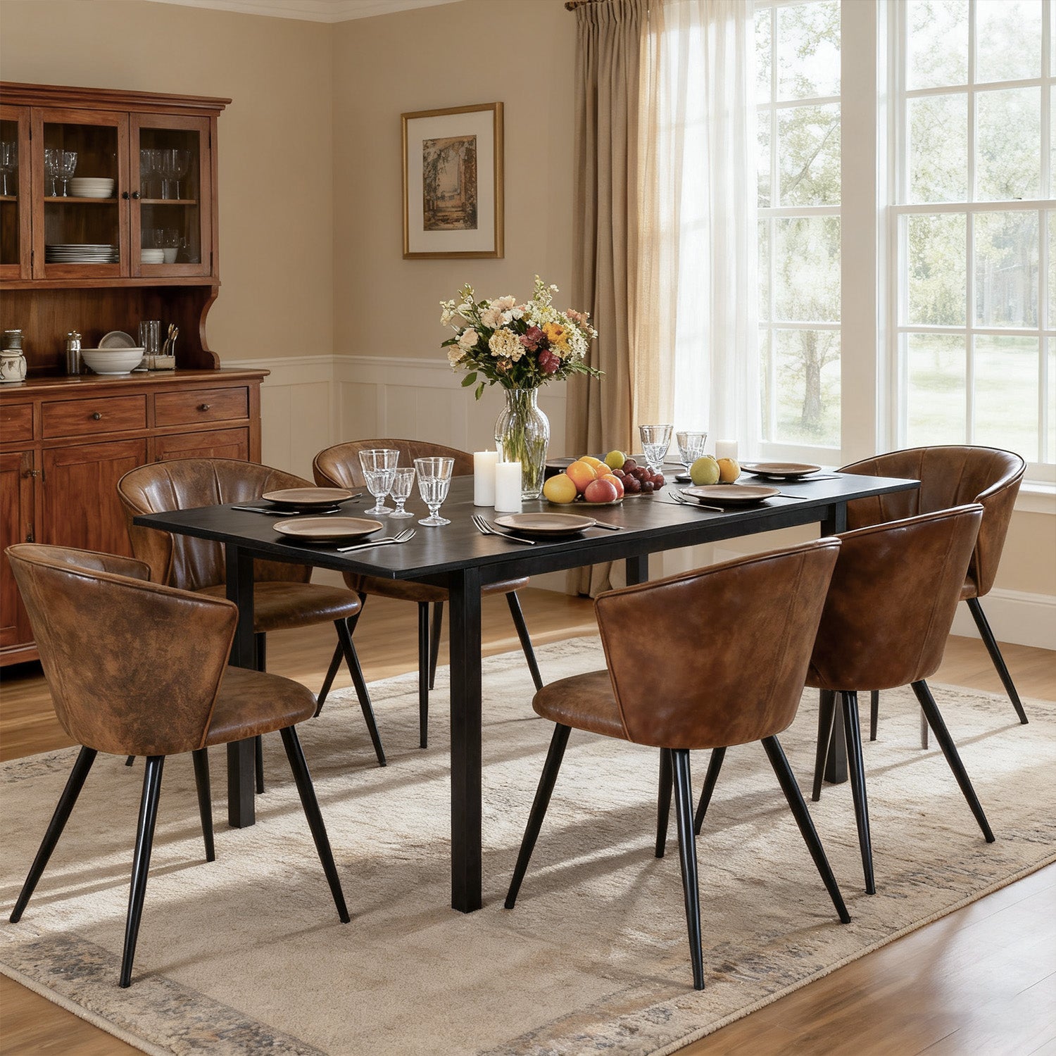 Ensemble table à manger extensible noire avec 6 fauteuils en suédine, style scandinave