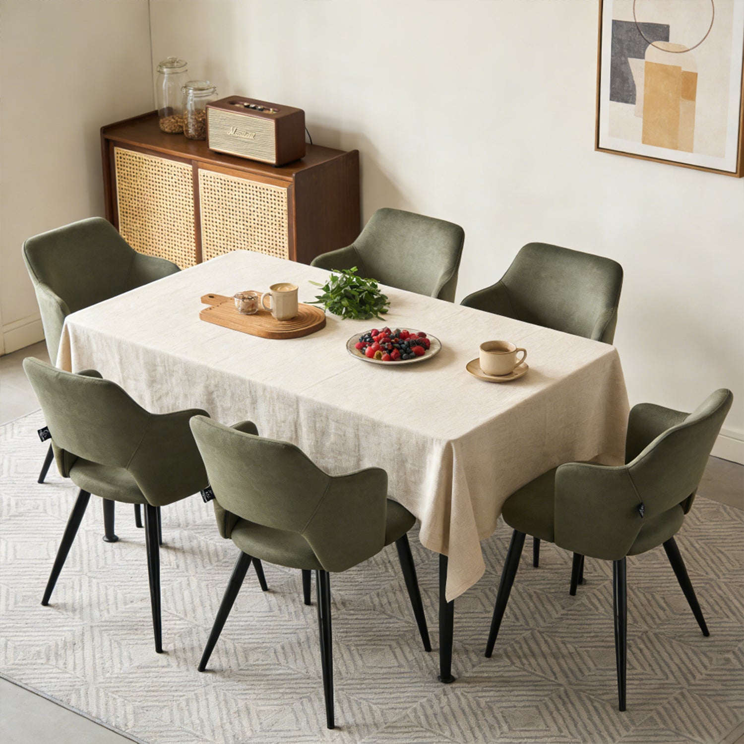 Lot de 6 chaises de salle à manger scandinaves avec accoudoirs en tissu résistant aux animaux et assise rembourrée, vert - AKANJI CC