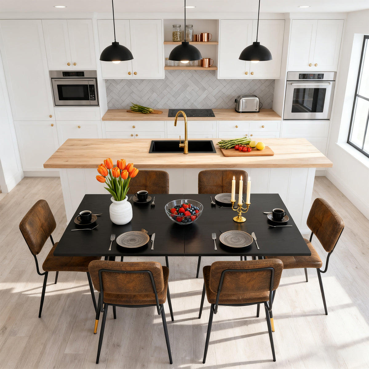 Round Table Table Table Table Timber Ø80 cm with 4 black velvet chairs, modern and comfortable style