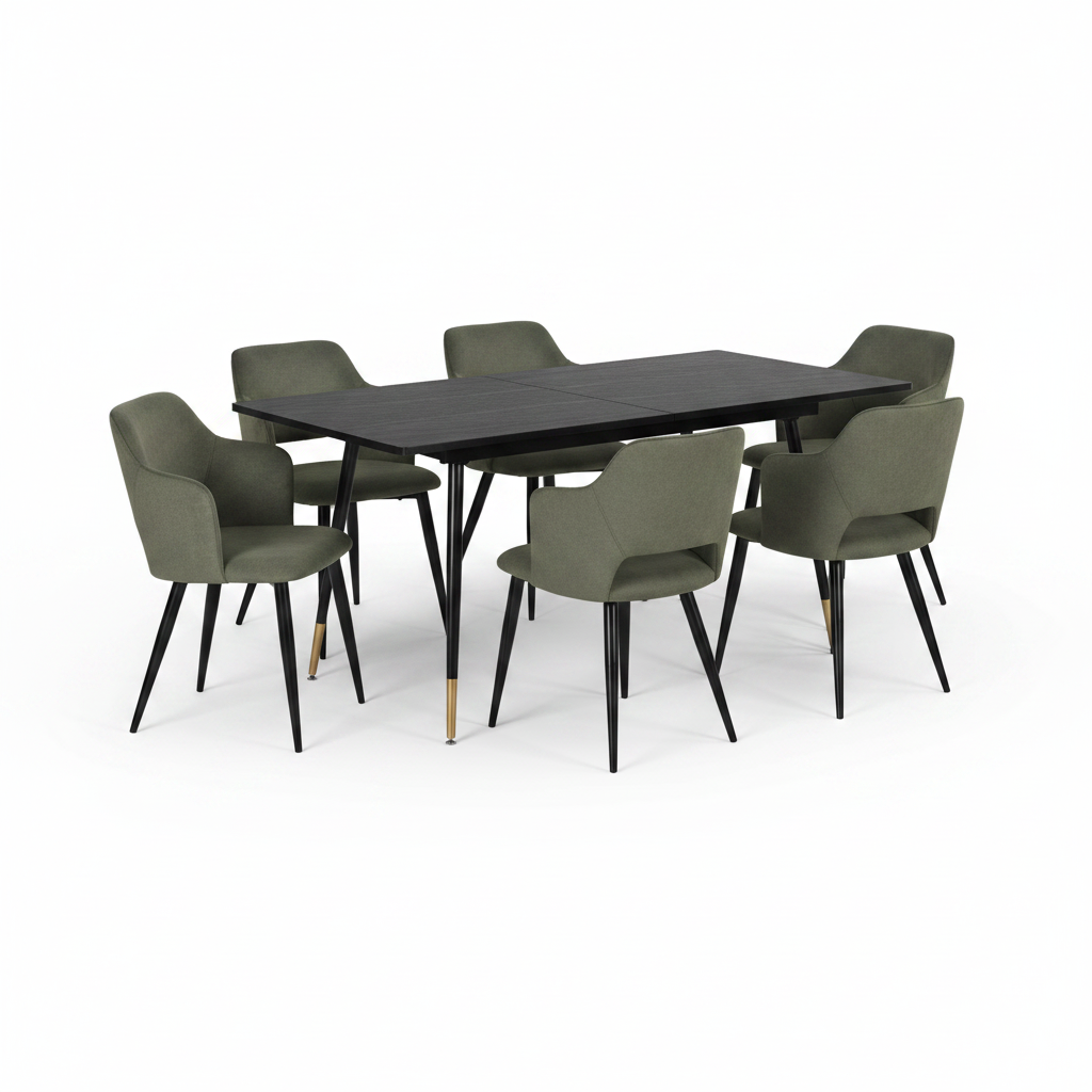 Ensemble de salle à manger comprenant une table extensible et 6 fauteuils avec accoudoirs en tissu vert