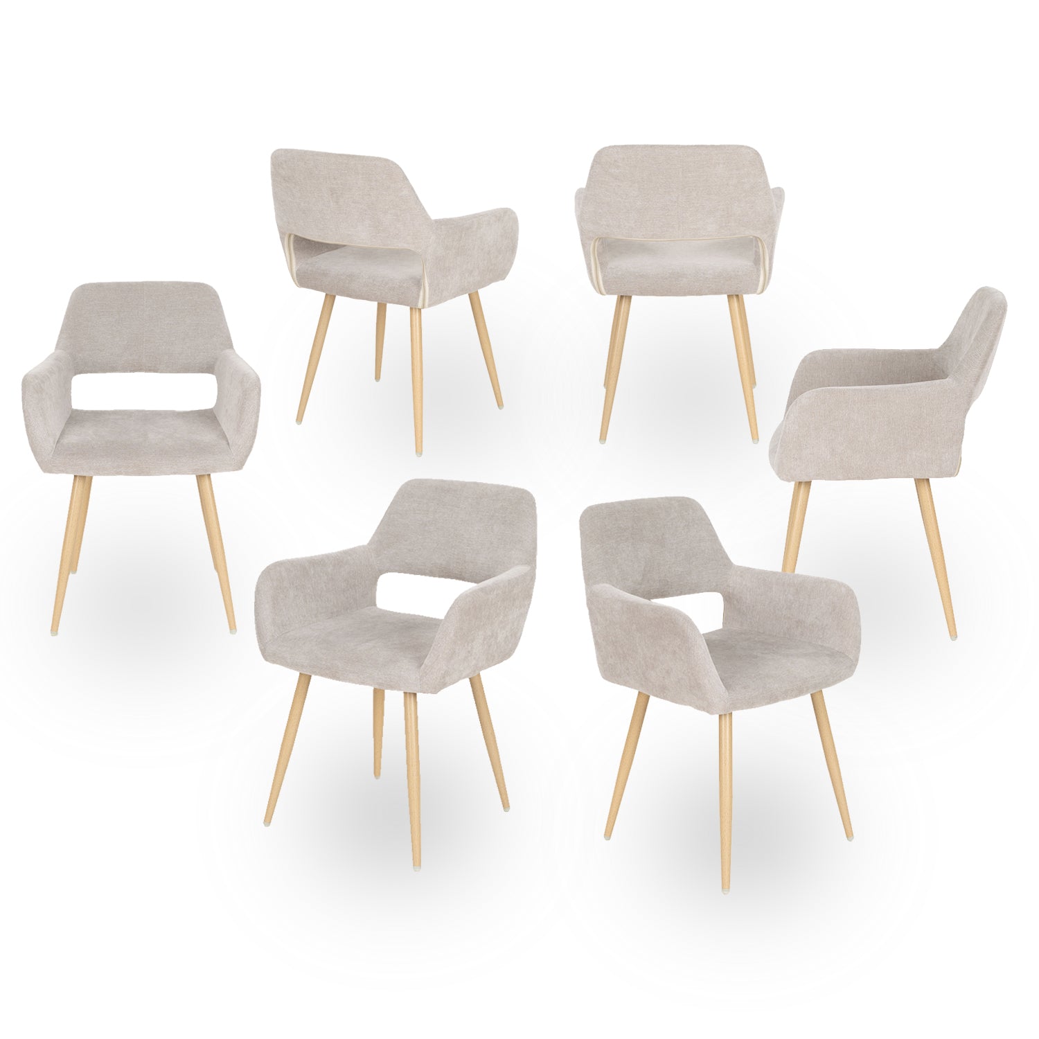 Lot de 6 fauteuils de salle à manger scandinaves avec accoudoirs en tissu beige - CROMWELL