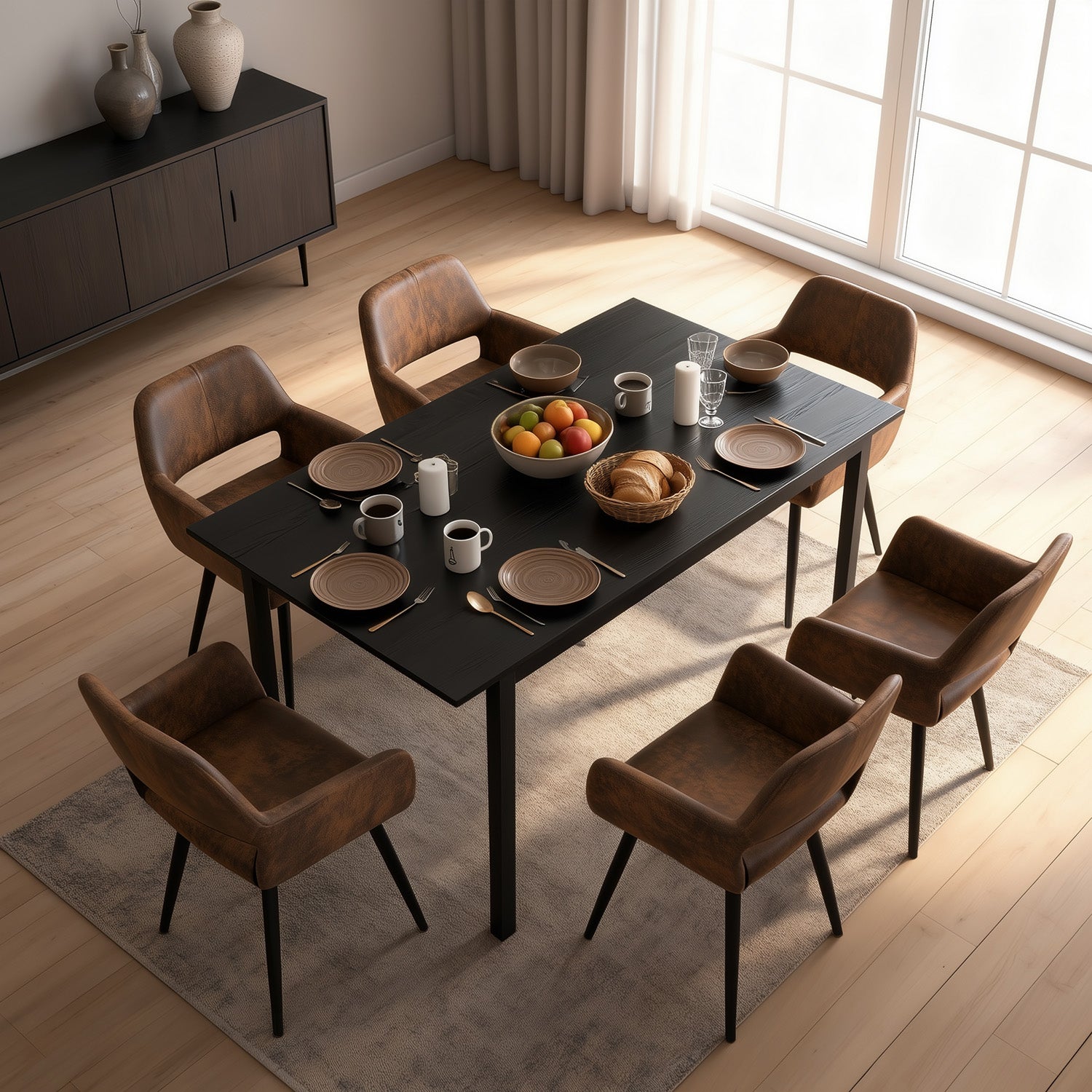 Round Table Table Table Table Timber Ø80 cm with 4 black velvet chairs, modern and comfortable style